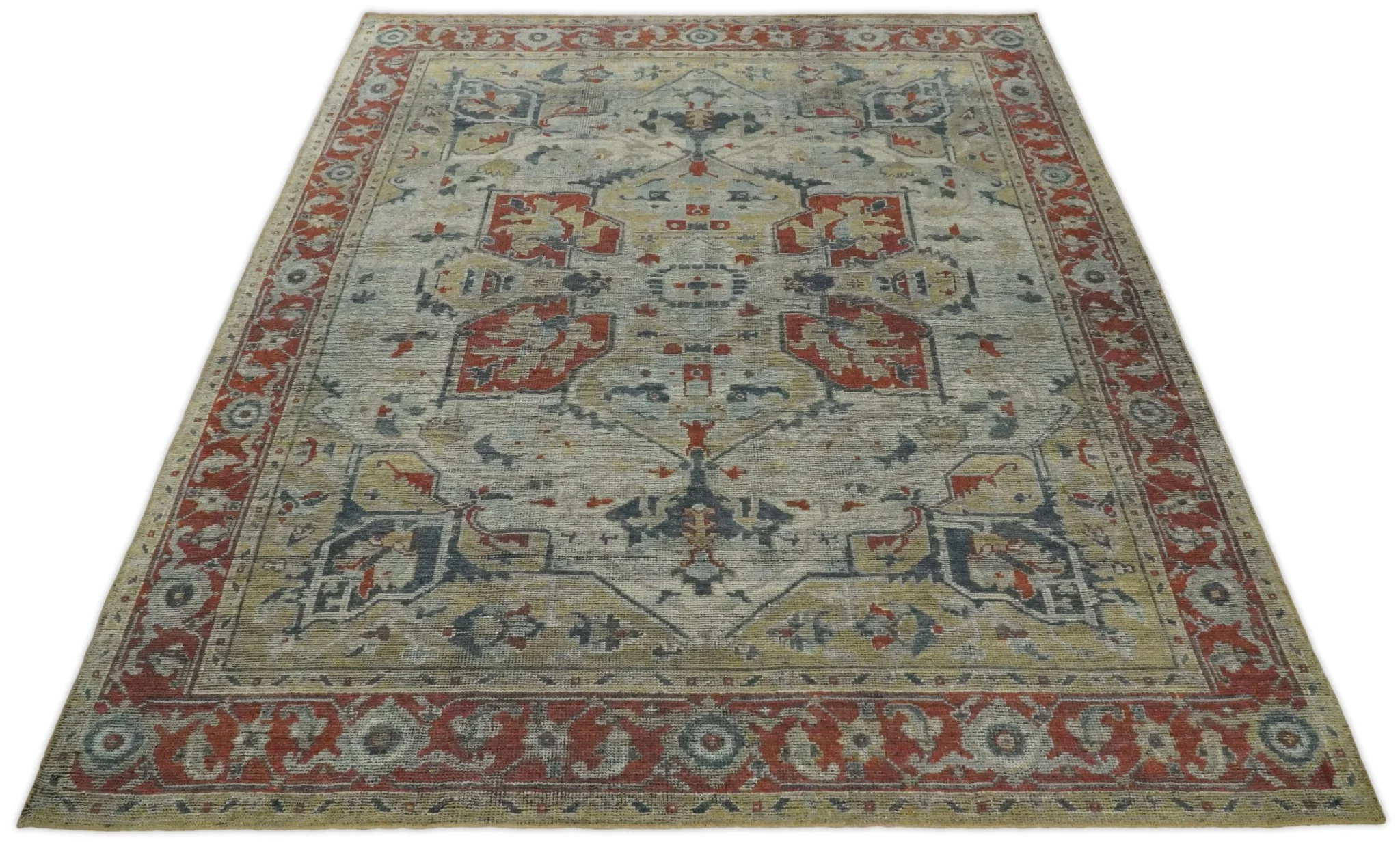 Vintage Style Distressed finished Silver, Beige and Brown Traditional Heriz Hand Knotted Multi Size wool Area Rug - Image 4