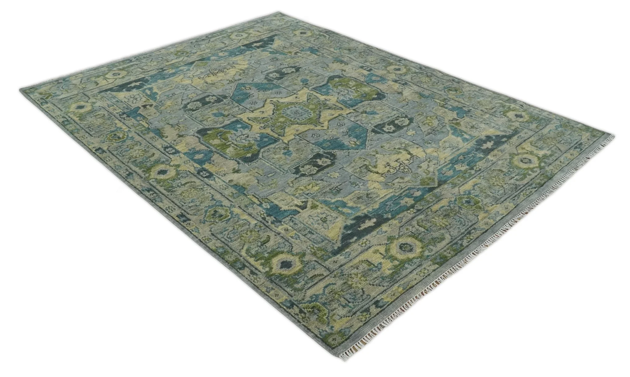 Custom Made Silver, Moss Green and Blue Heriz Traditional wool Area Rug - Image 10