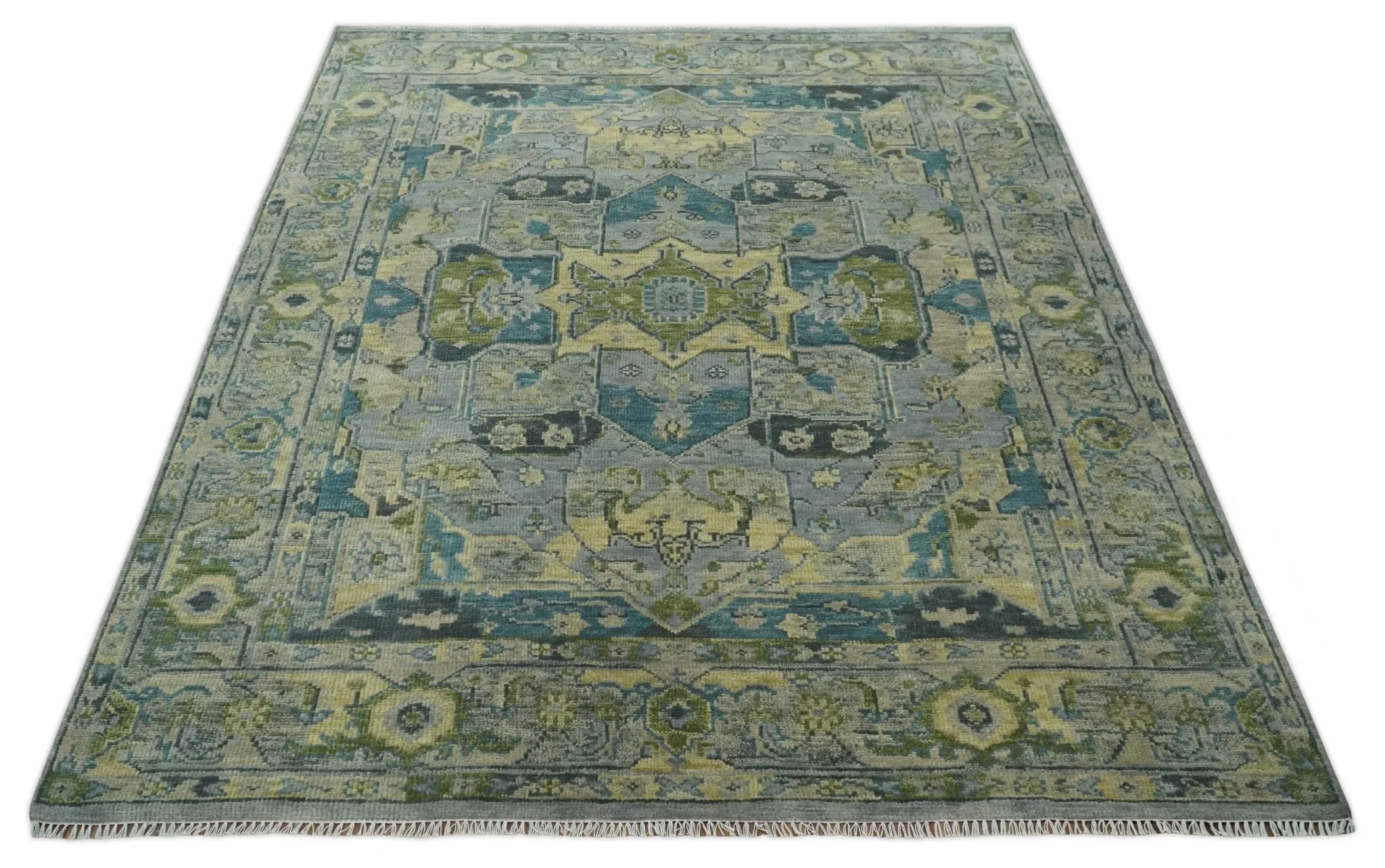Custom Made Silver, Moss Green and Blue Heriz Traditional wool Area Rug - Image 11