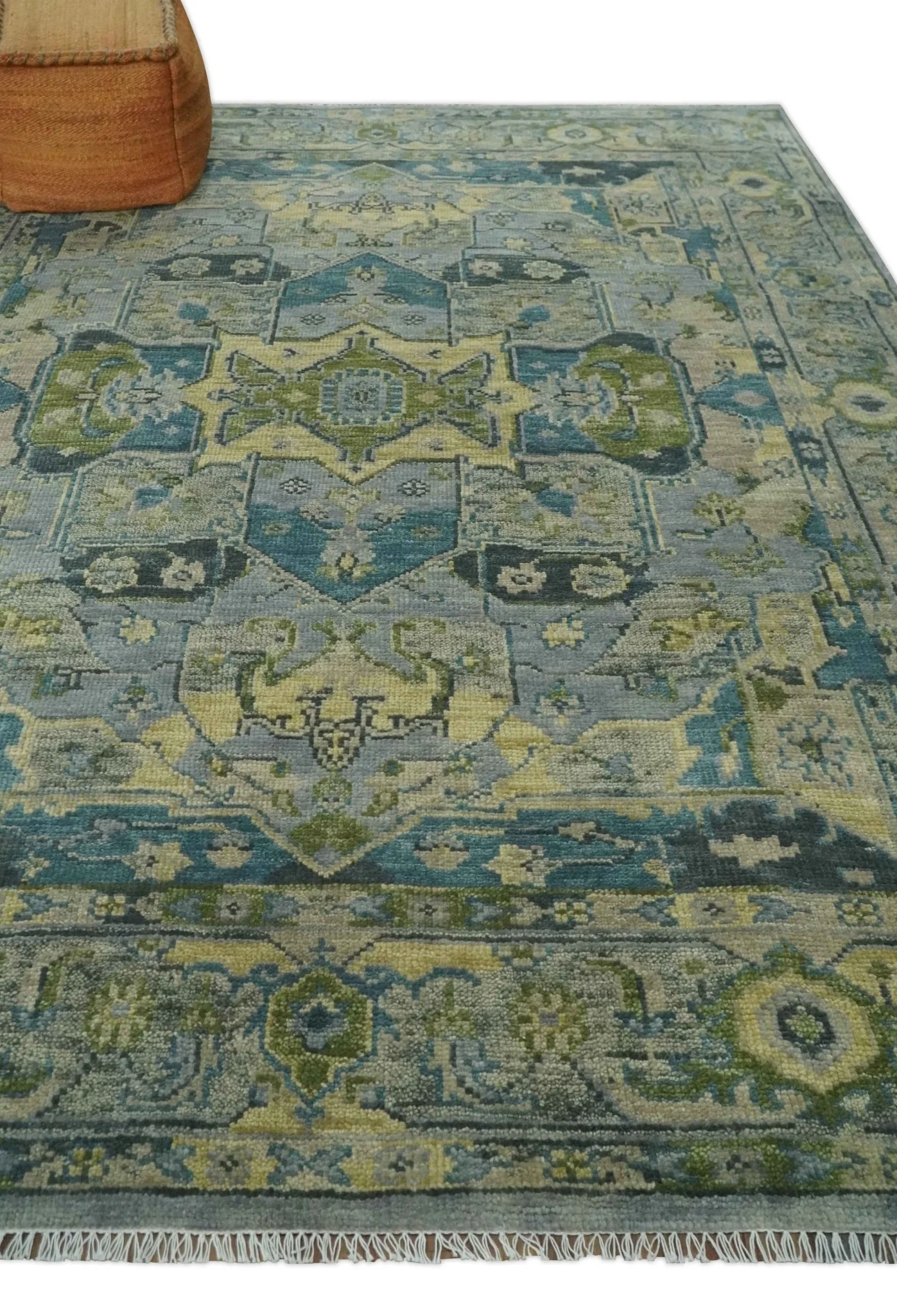 Custom Made Silver, Moss Green and Blue Heriz Traditional wool Area Rug - Image 4