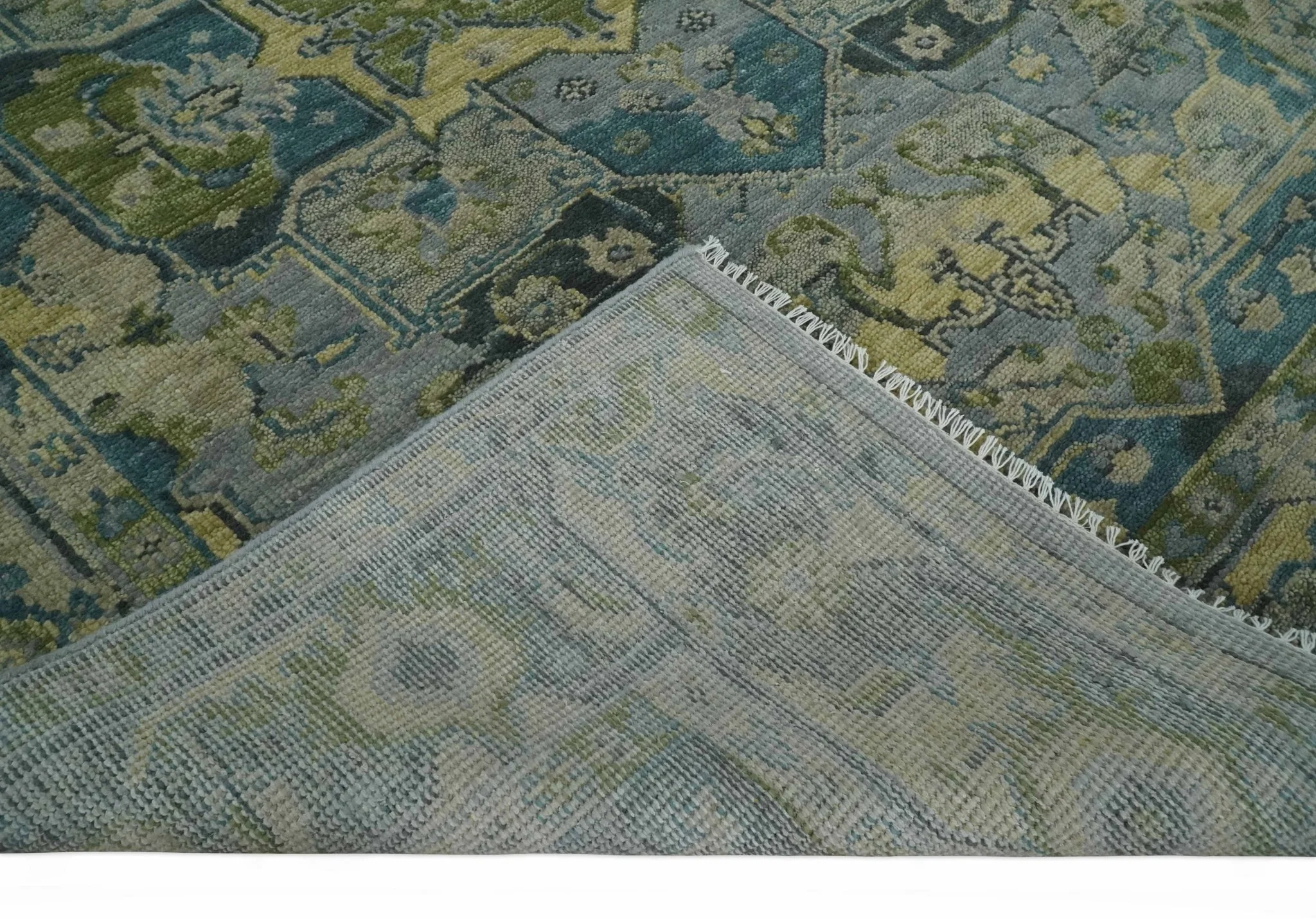 Custom Made Silver, Moss Green and Blue Heriz Traditional wool Area Rug - Image 8