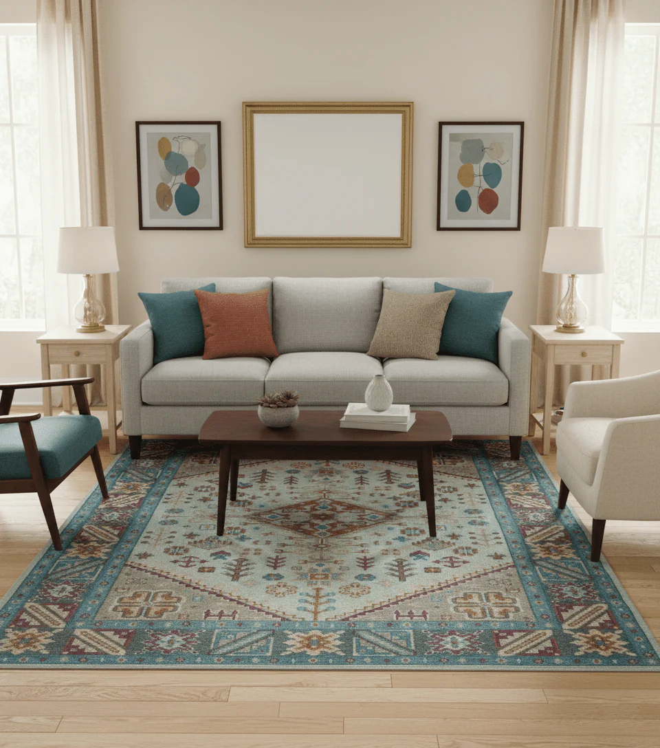 Vibrant Colorful Silver, Beige, Blue and Brown Traditional Heriz Multi Size wool Area Rug - Image 2