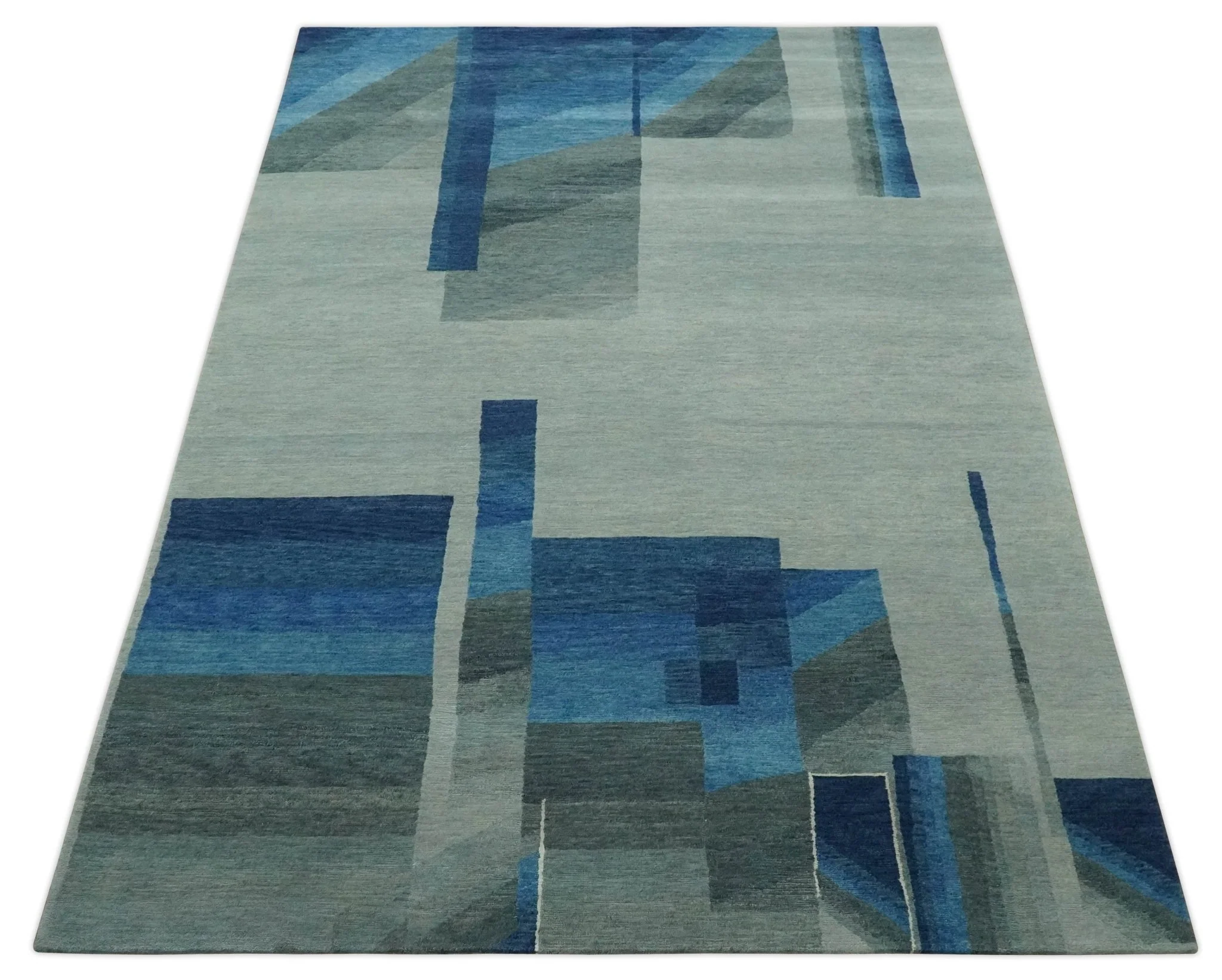 Modern Geometrical Silver, Blue, and Charcoal Hand Knotted 6x9 Wool and Art Silk Area Rug - Image 10
