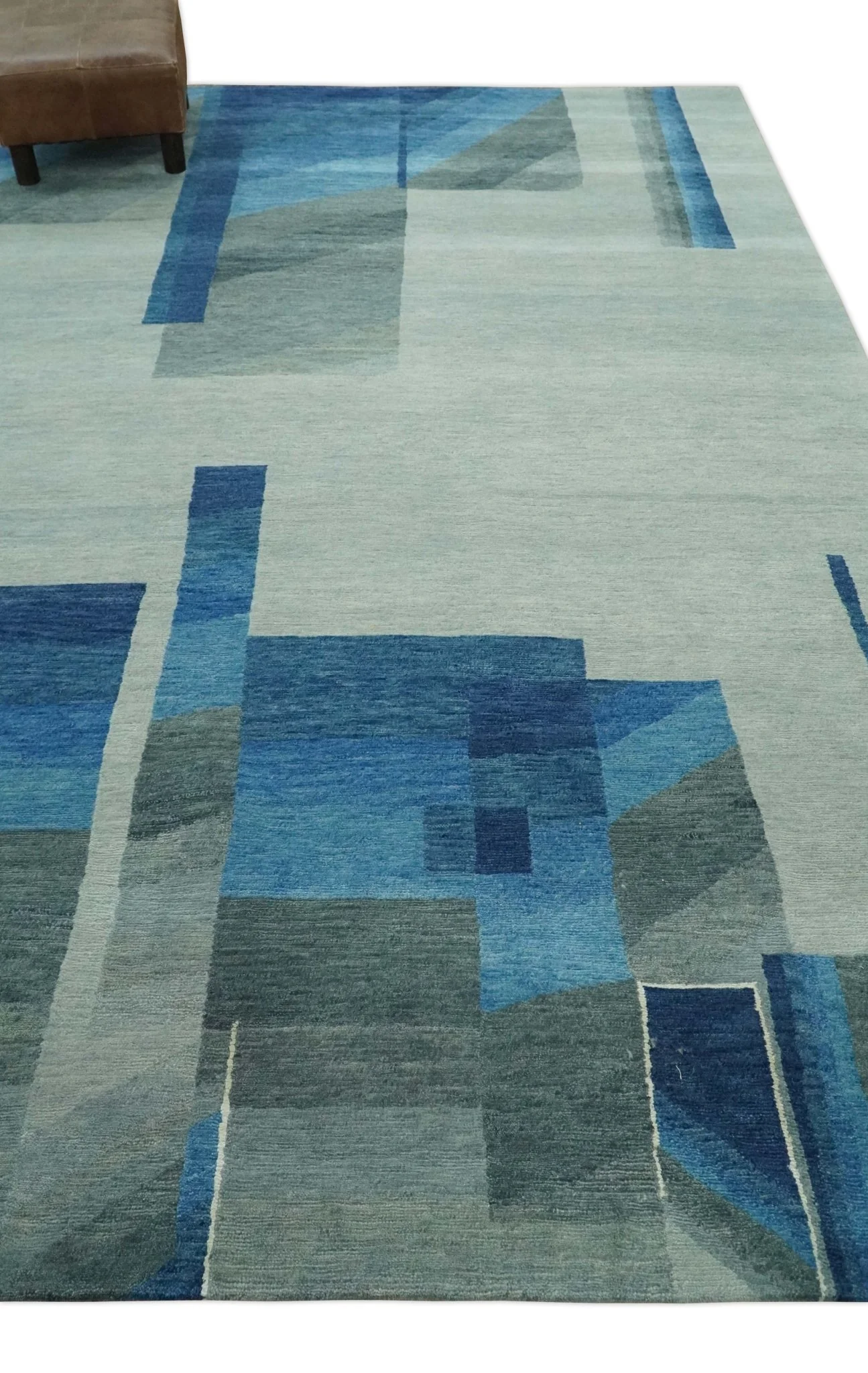 Modern Geometrical Silver, Blue, and Charcoal Hand Knotted 6x9 Wool and Art Silk Area Rug - Image 3