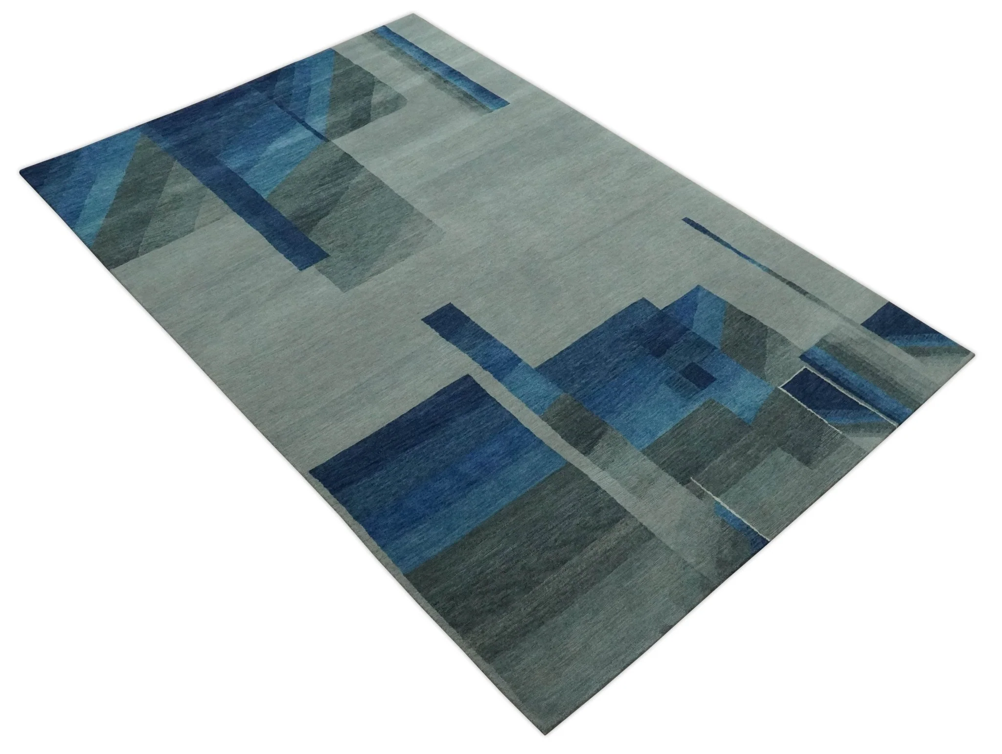 Modern Geometrical Silver, Blue, and Charcoal Hand Knotted 6x9 Wool and Art Silk Area Rug - Image 9