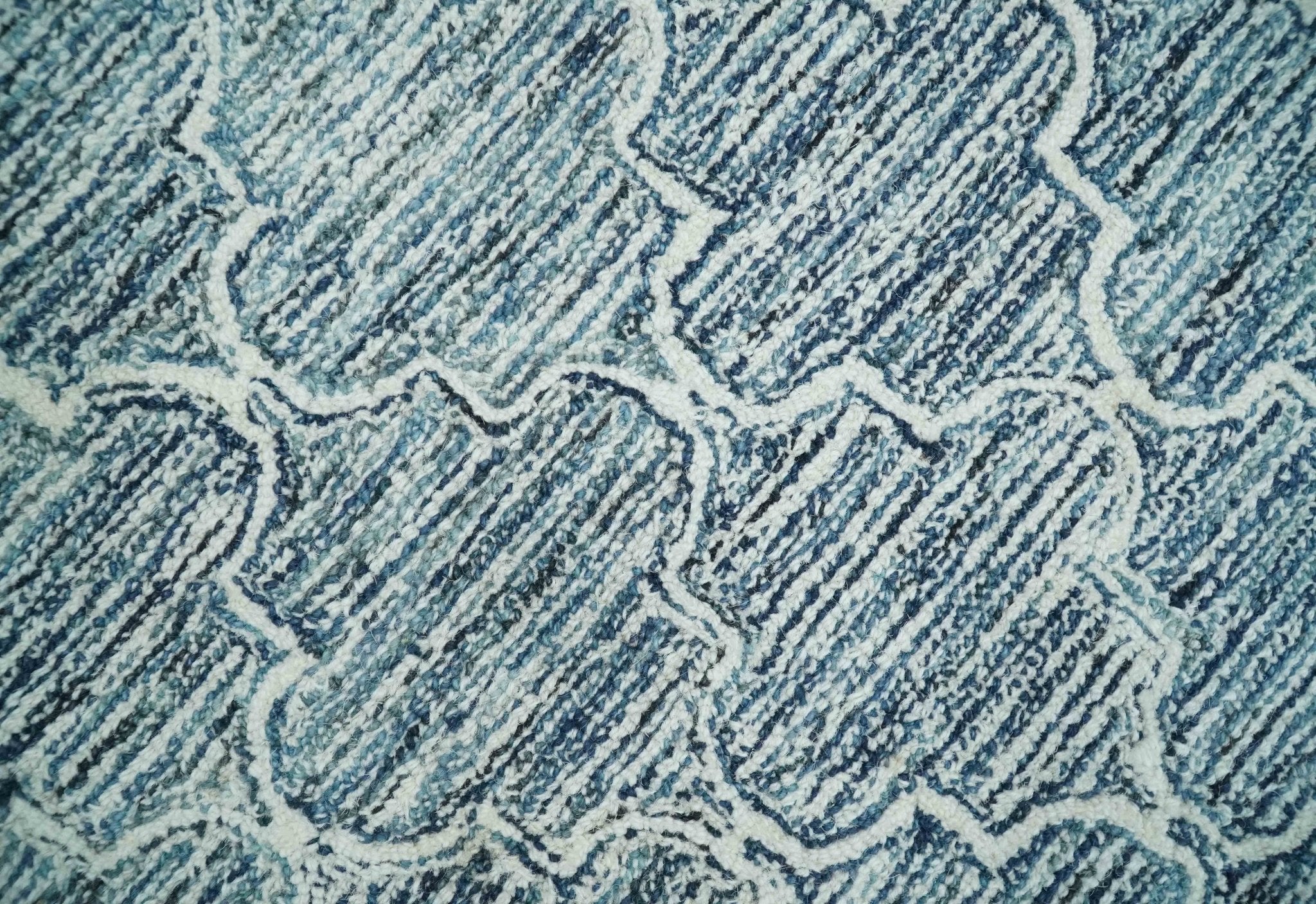 Silver, Blue and Ivory Modern Geometric Hand Tufted Multi Size Natural Wool Rug - Image 2