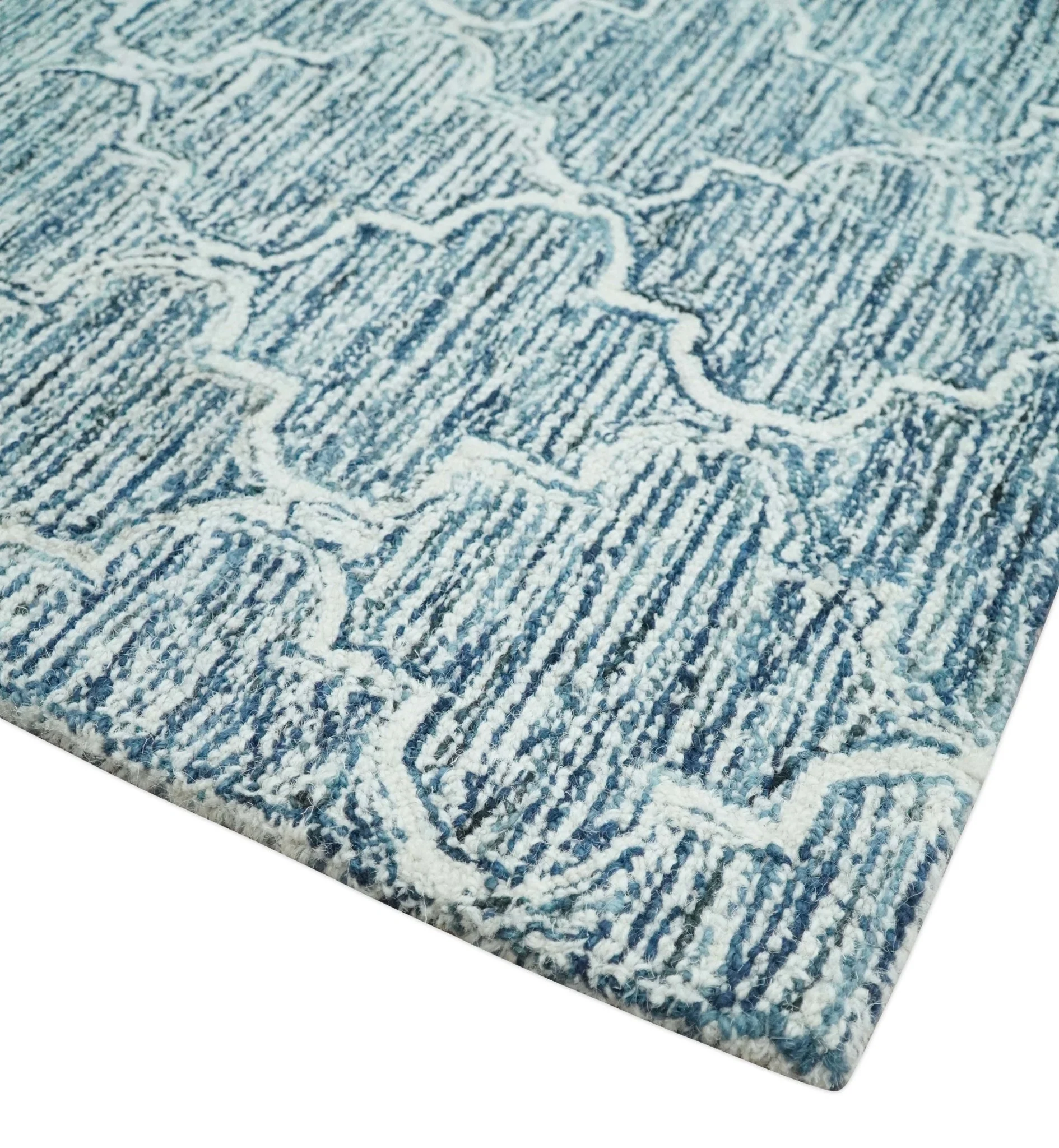 Silver, Blue and Ivory Modern Geometric Hand Tufted Multi Size Natural Wool Rug - Image 3