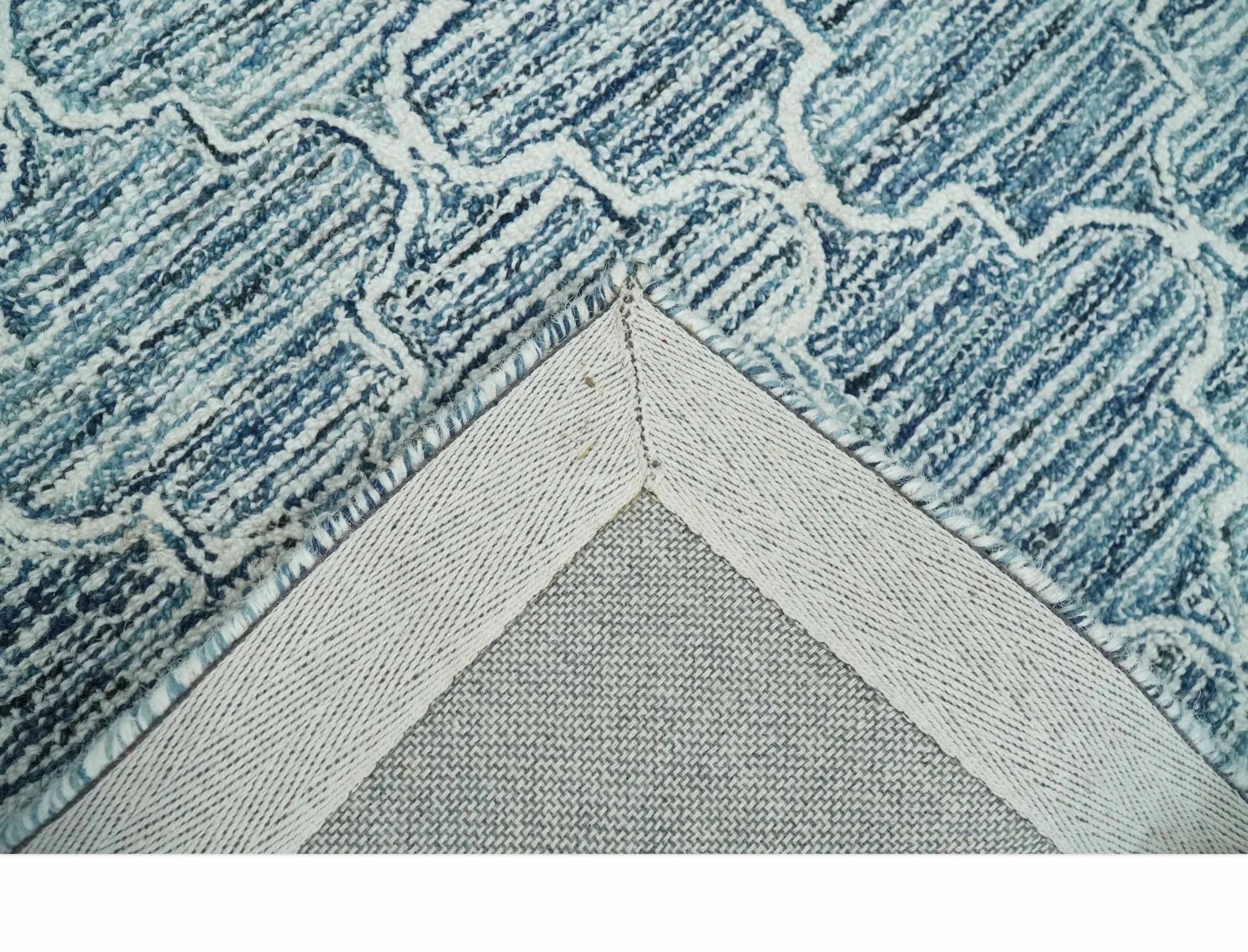 Silver, Blue and Ivory Modern Geometric Hand Tufted Multi Size Natural Wool Rug - Image 5