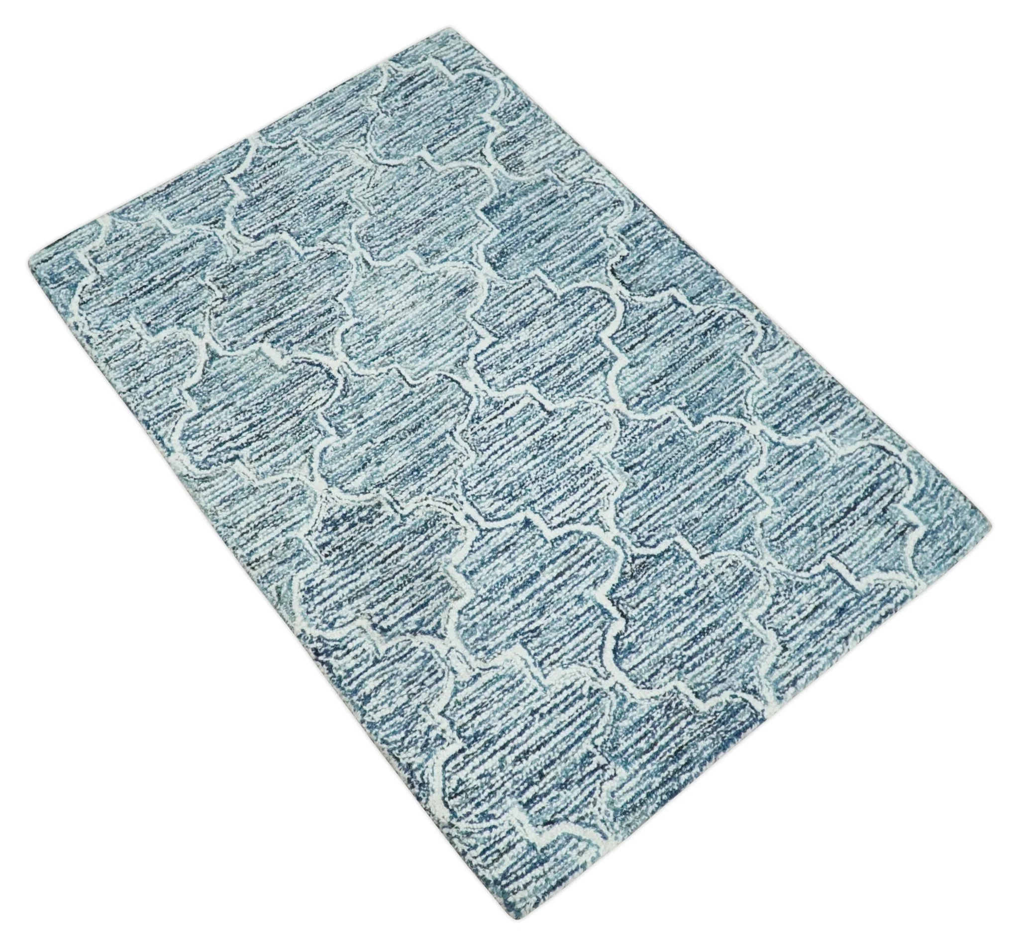 Silver, Blue and Ivory Modern Geometric Hand Tufted Multi Size Natural Wool Rug - Image 7