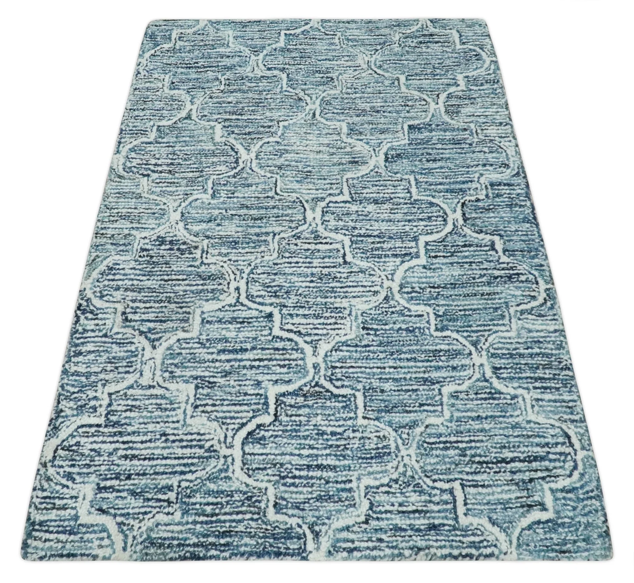 Silver, Blue and Ivory Modern Geometric Hand Tufted Multi Size Natural Wool Rug - Image 8