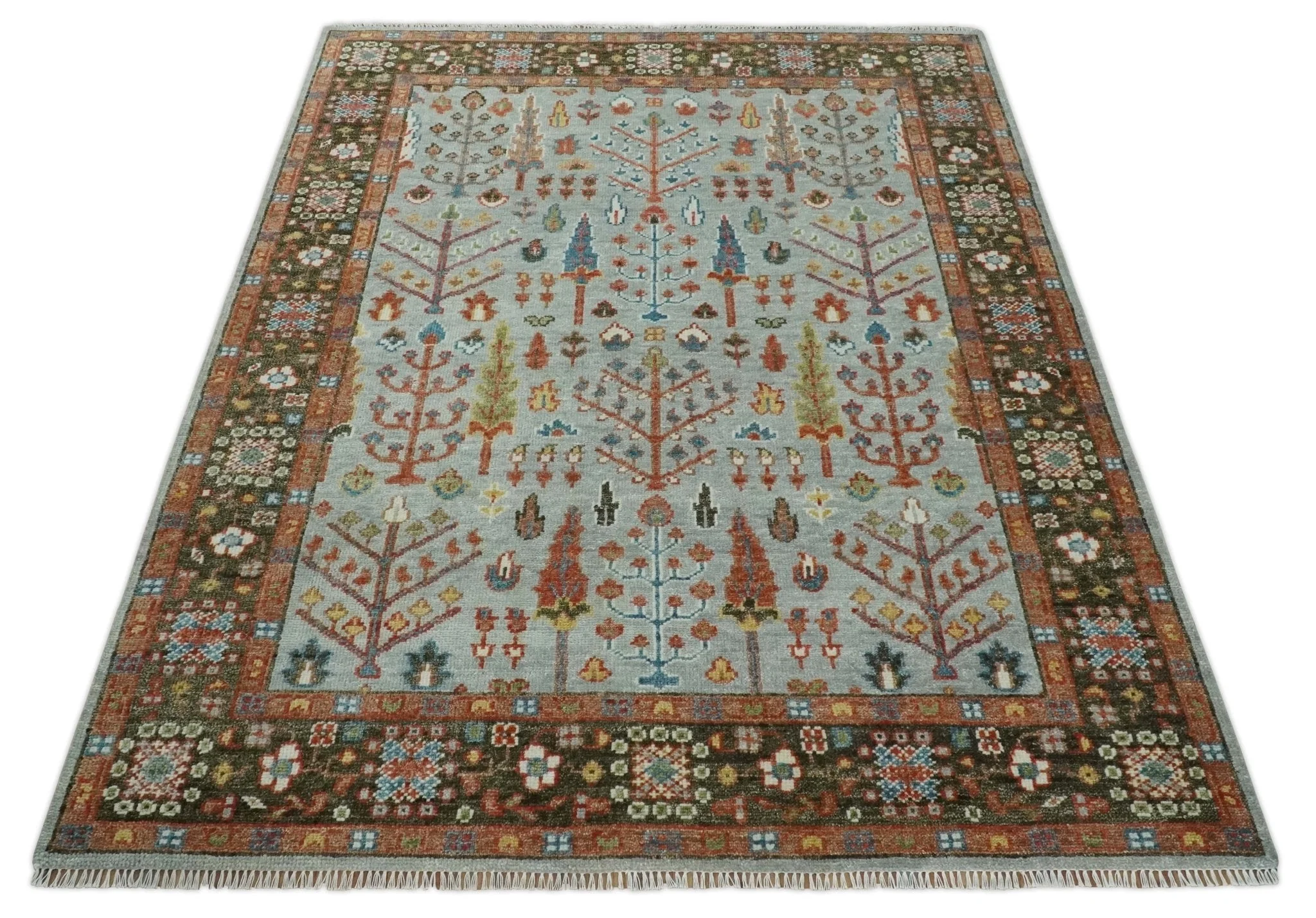 Ready to Ship Tree of Life Hand Knotted Silver, Brown and Rust Traditional Oushak Wool Rug - Image 10