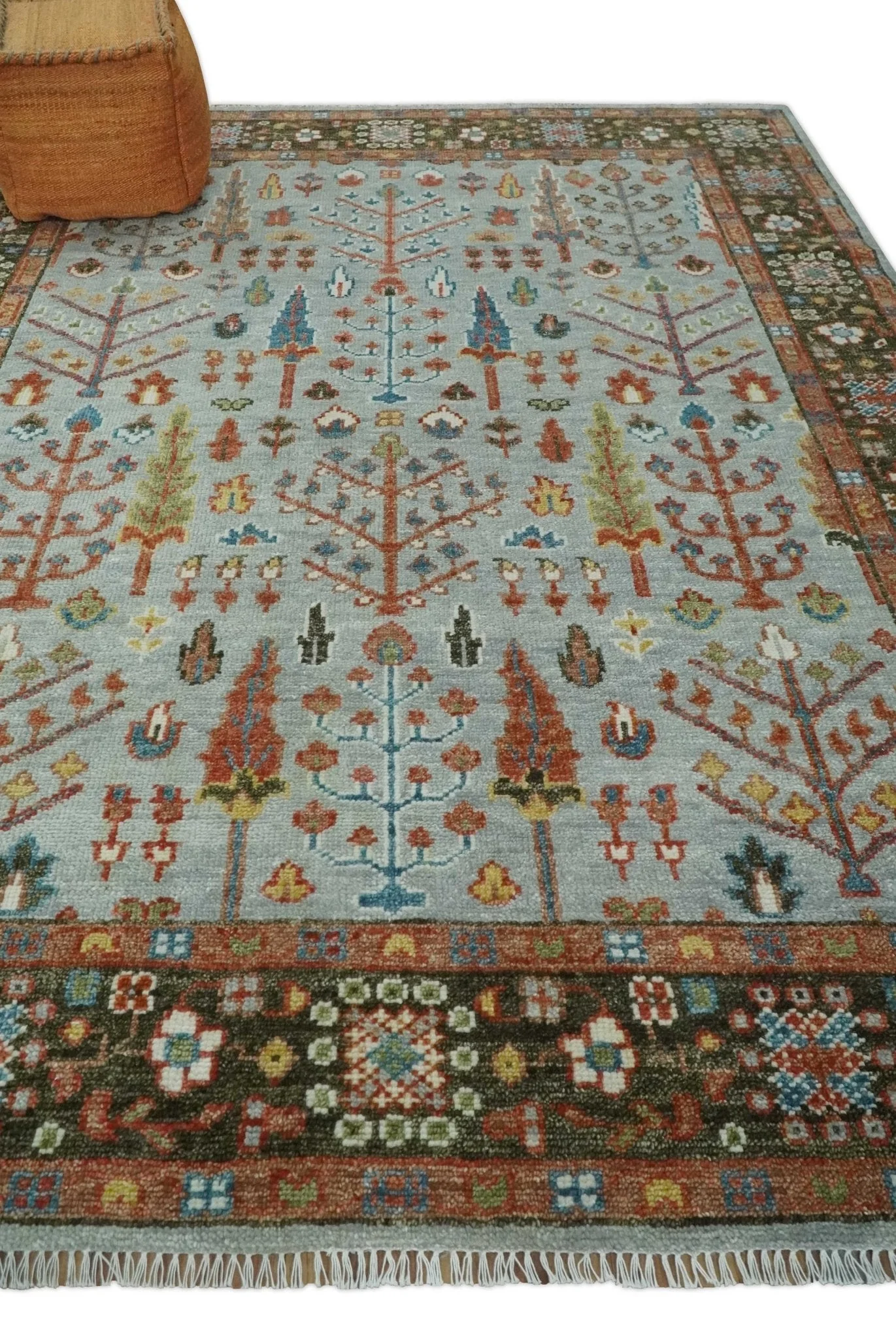 Ready to Ship Tree of Life Hand Knotted Silver, Brown and Rust Traditional Oushak Wool Rug - Image 3