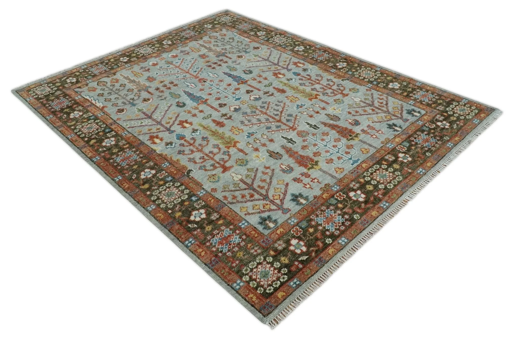 Ready to Ship Tree of Life Hand Knotted Silver, Brown and Rust Traditional Oushak Wool Rug - Image 5