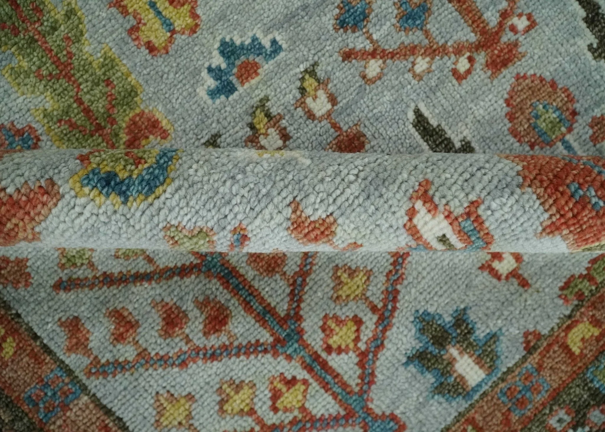 Ready to Ship Tree of Life Hand Knotted Silver, Brown and Rust Traditional Oushak Wool Rug - Image 6