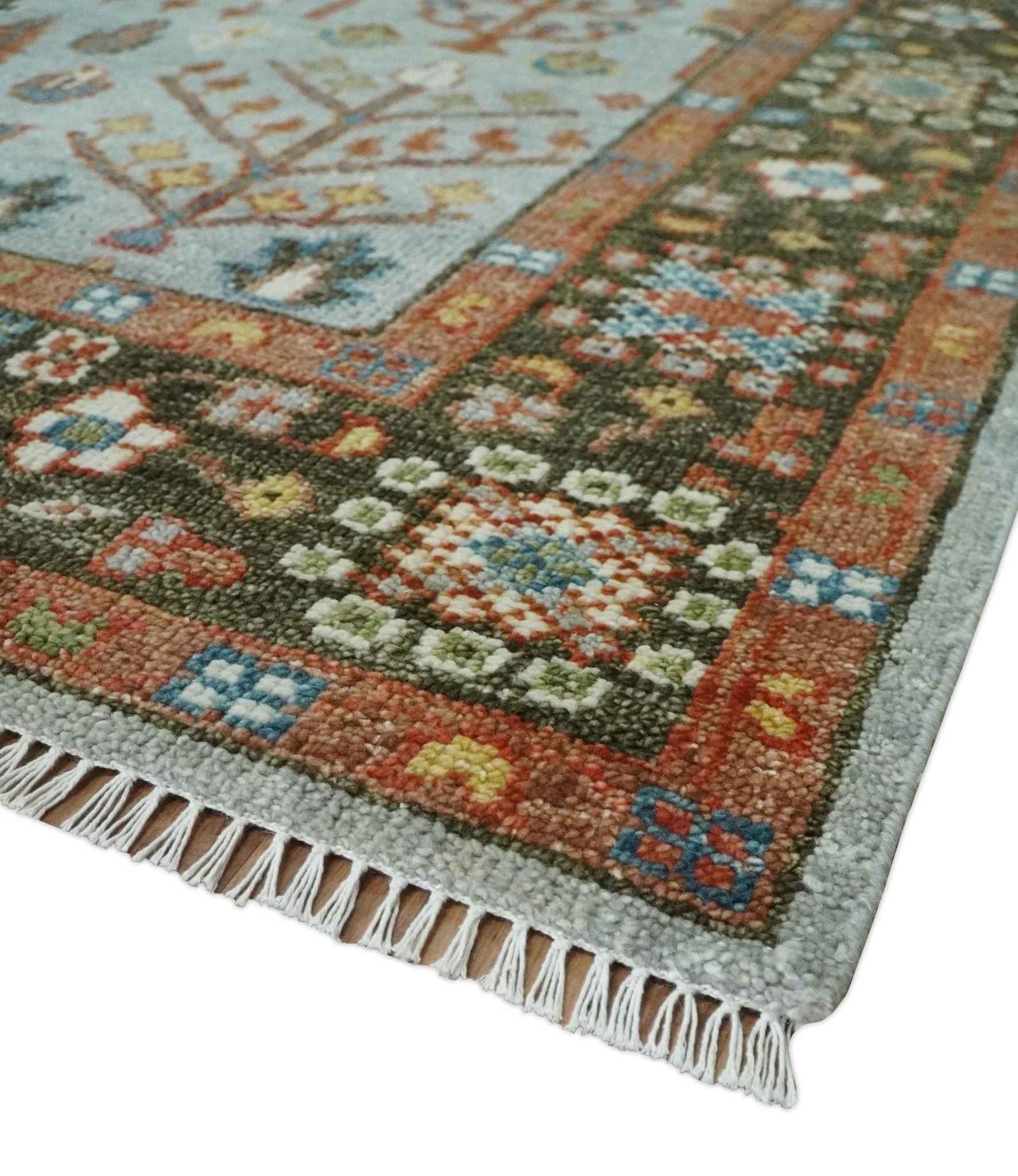 Ready to Ship Tree of Life Hand Knotted Silver, Brown and Rust Traditional Oushak Wool Rug - Image 7