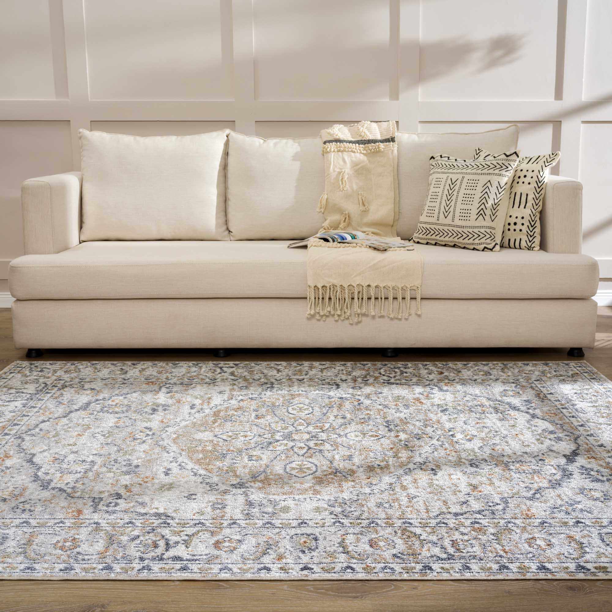 Silver, Charcoal and Beige Medallion Traditional Design Washable Area Rug - Image 14