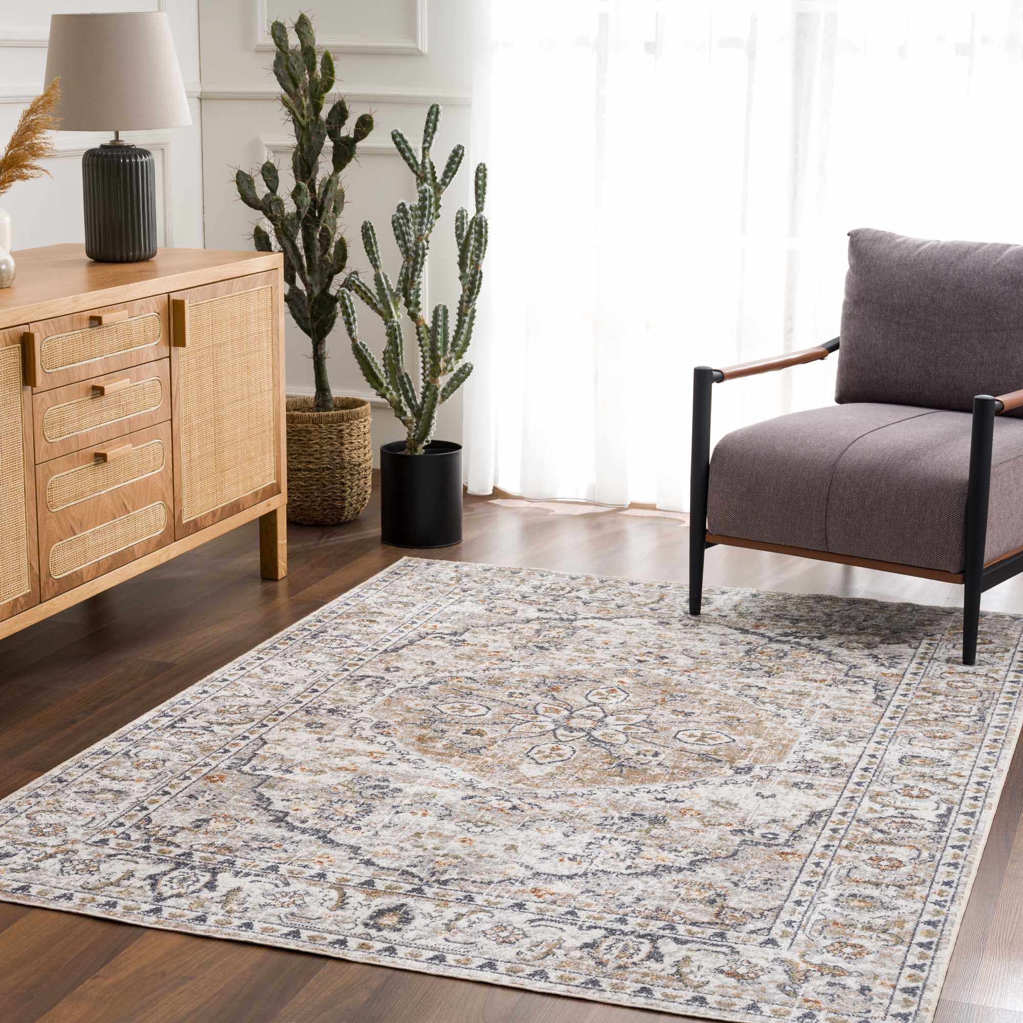 Silver, Charcoal and Beige Medallion Traditional Design Washable Area Rug - Image 16
