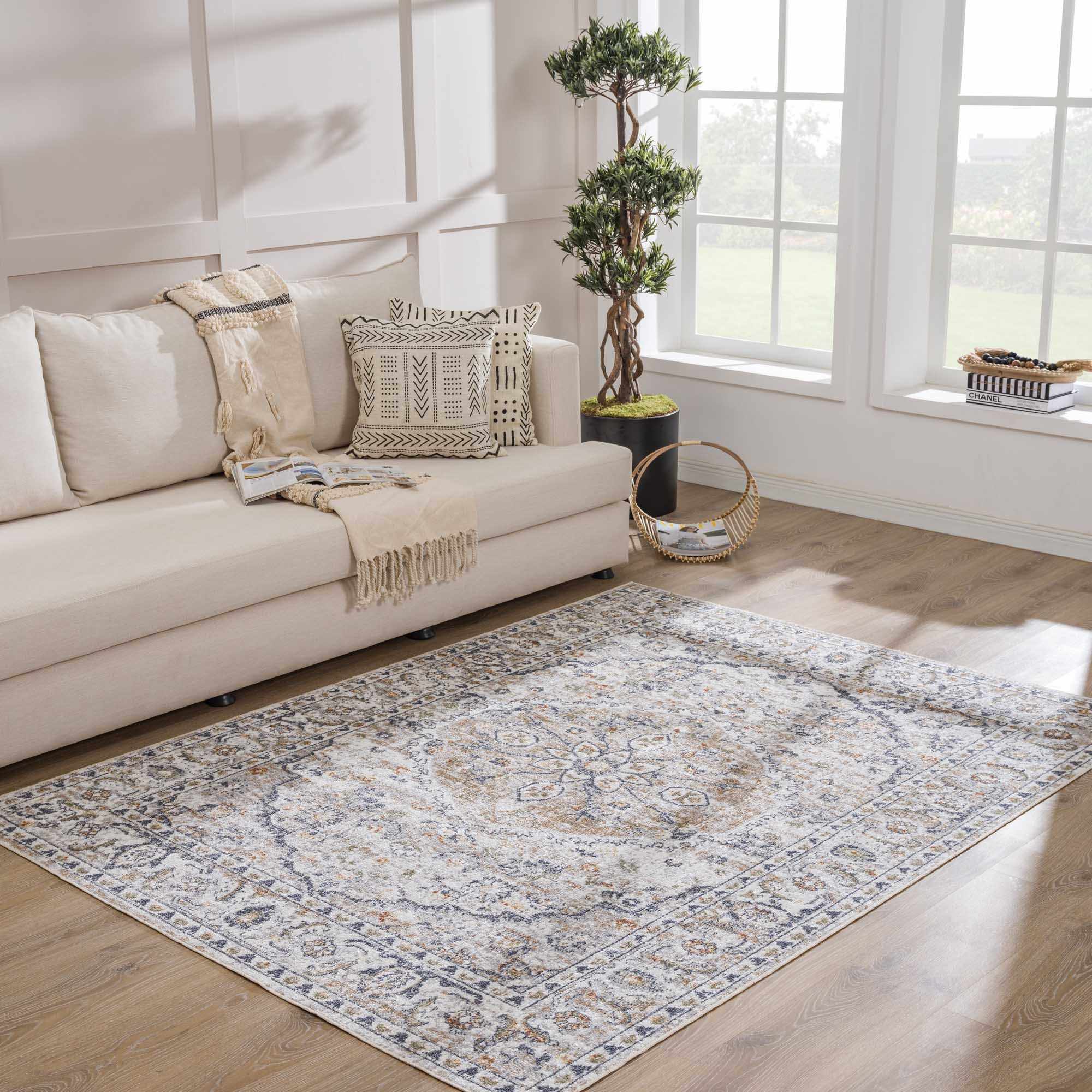 Silver, Charcoal and Beige Medallion Traditional Design Washable Area Rug - Image 2