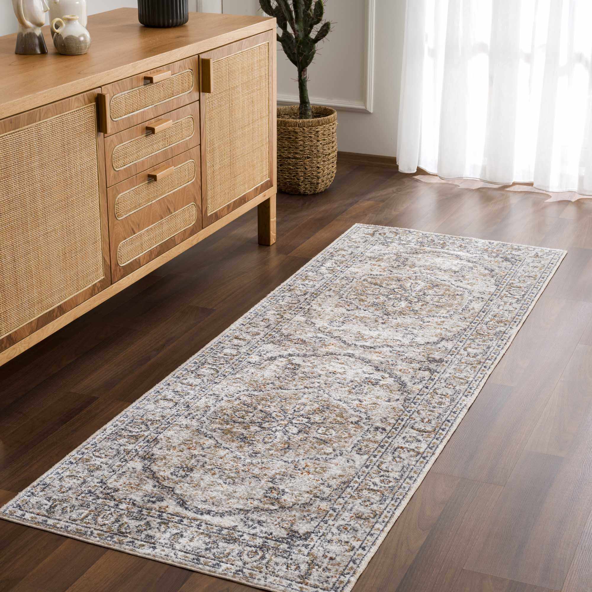 Silver, Charcoal and Beige Medallion Traditional Design Washable Area Rug - Image 4