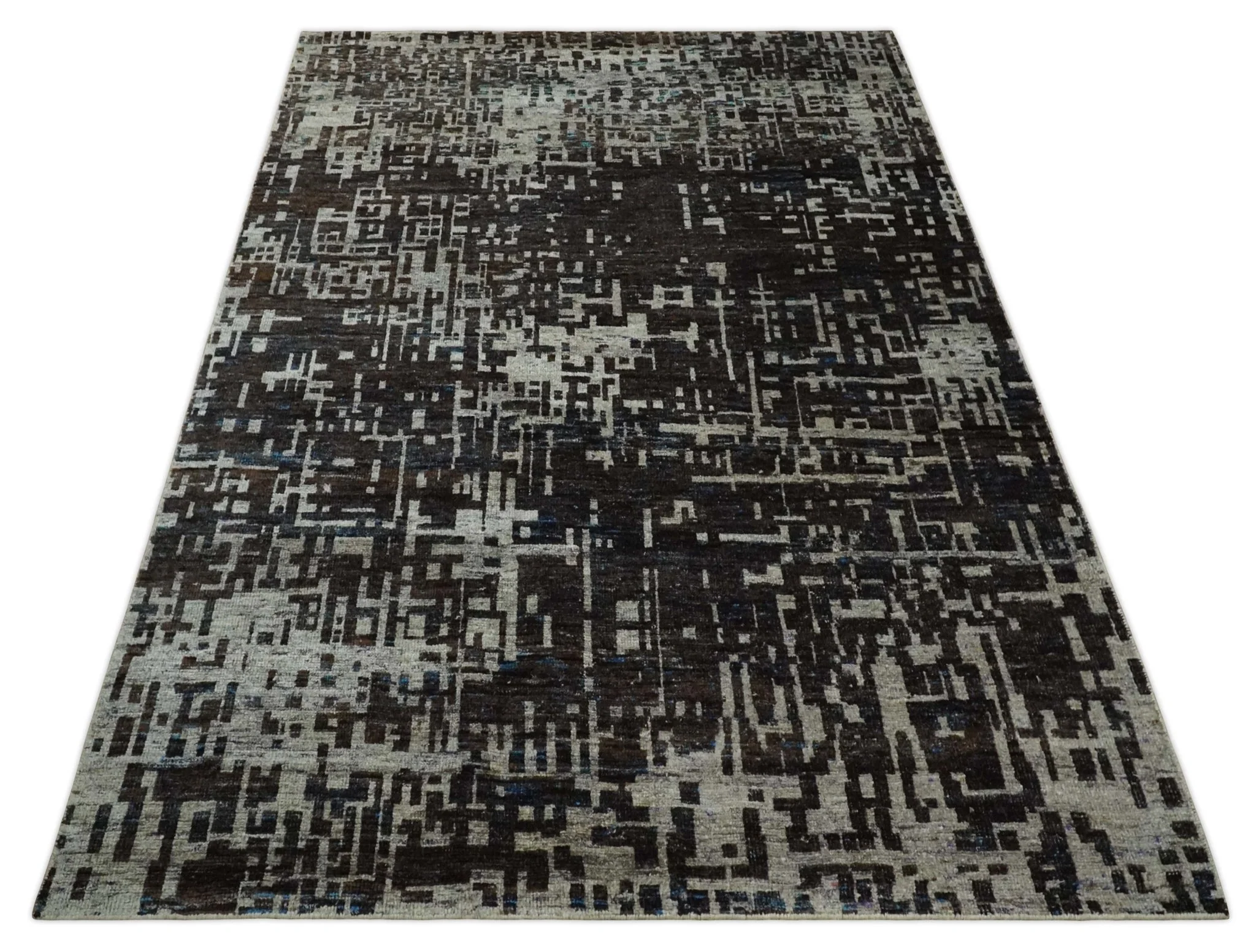 5x8 and 9x12 Hand Knotted Silver, Charcoal and Brown Modern Abstract Contemporary Recycled Silk Area Rug | OP29 - Image 10