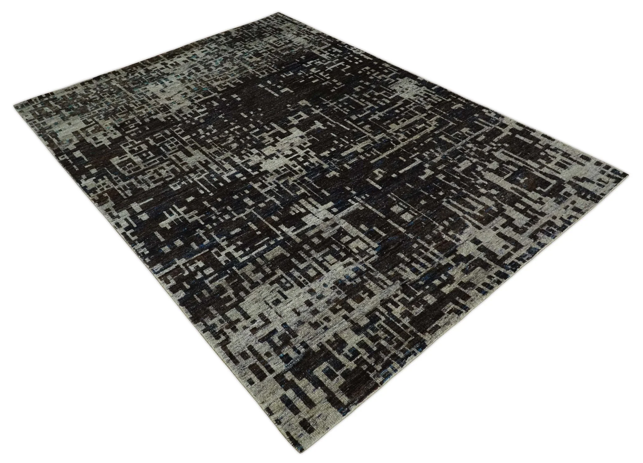 5x8 and 9x12 Hand Knotted Silver, Charcoal and Brown Modern Abstract Contemporary Recycled Silk Area Rug | OP29 - Image 11