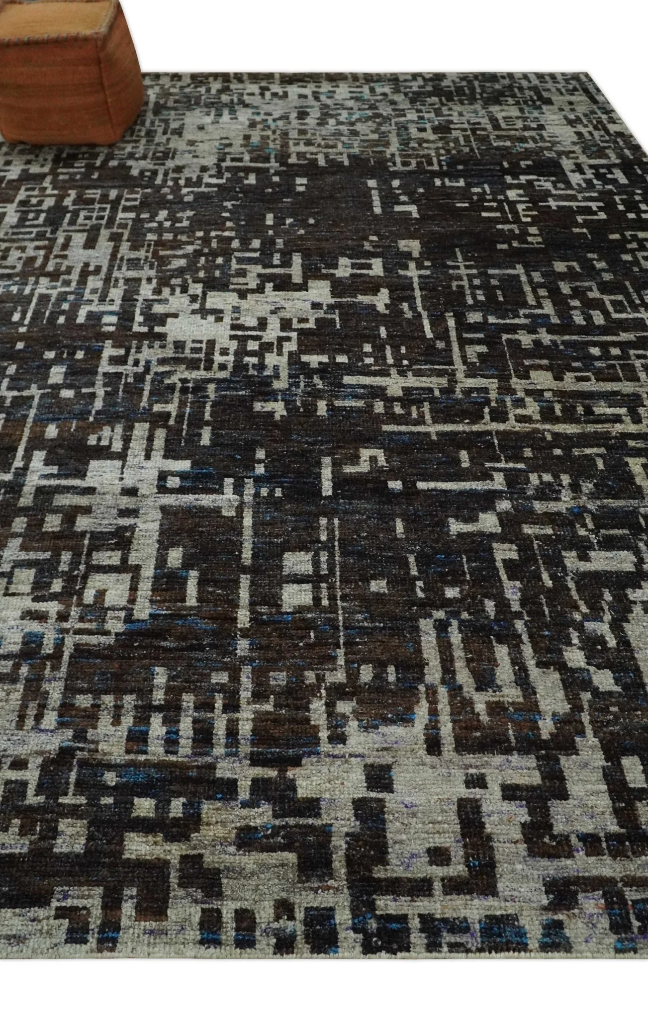 5x8 and 9x12 Hand Knotted Silver, Charcoal and Brown Modern Abstract Contemporary Recycled Silk Area Rug | OP29 - Image 3