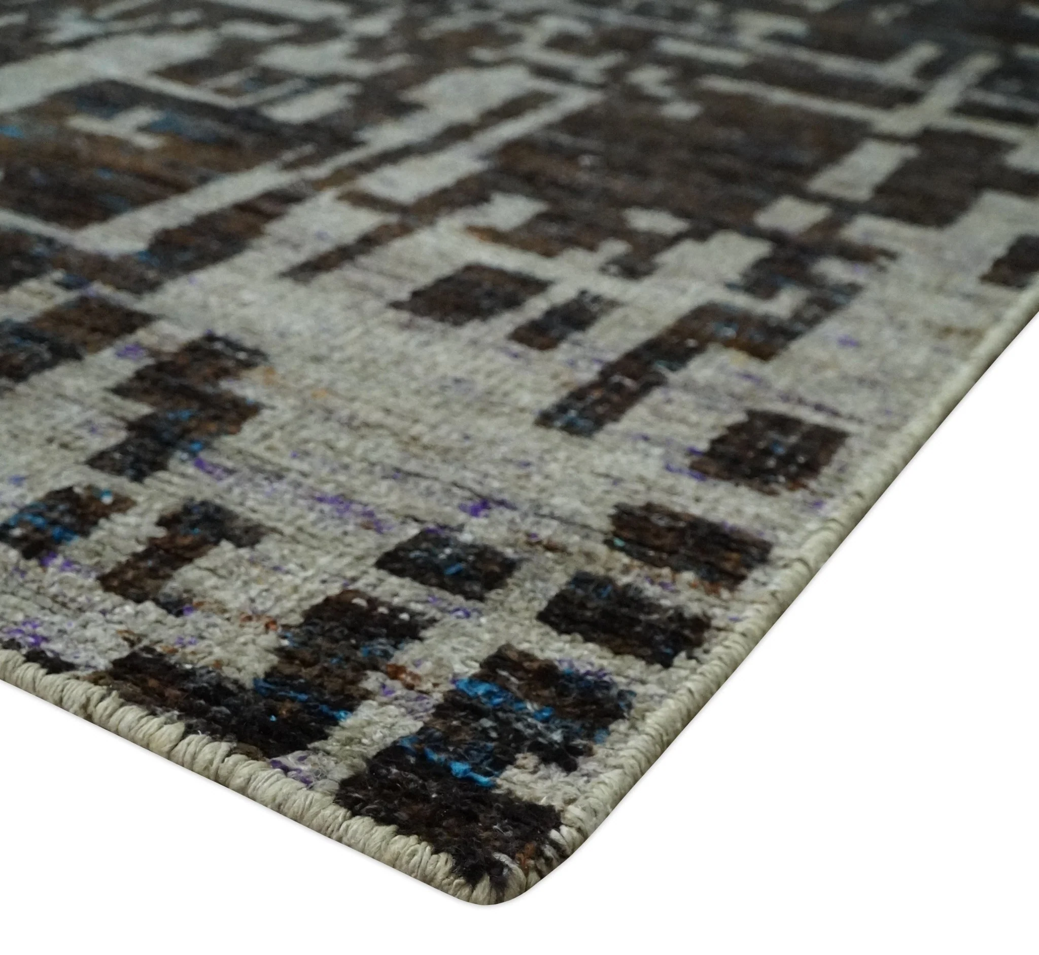 5x8 and 9x12 Hand Knotted Silver, Charcoal and Brown Modern Abstract Contemporary Recycled Silk Area Rug | OP29 - Image 5