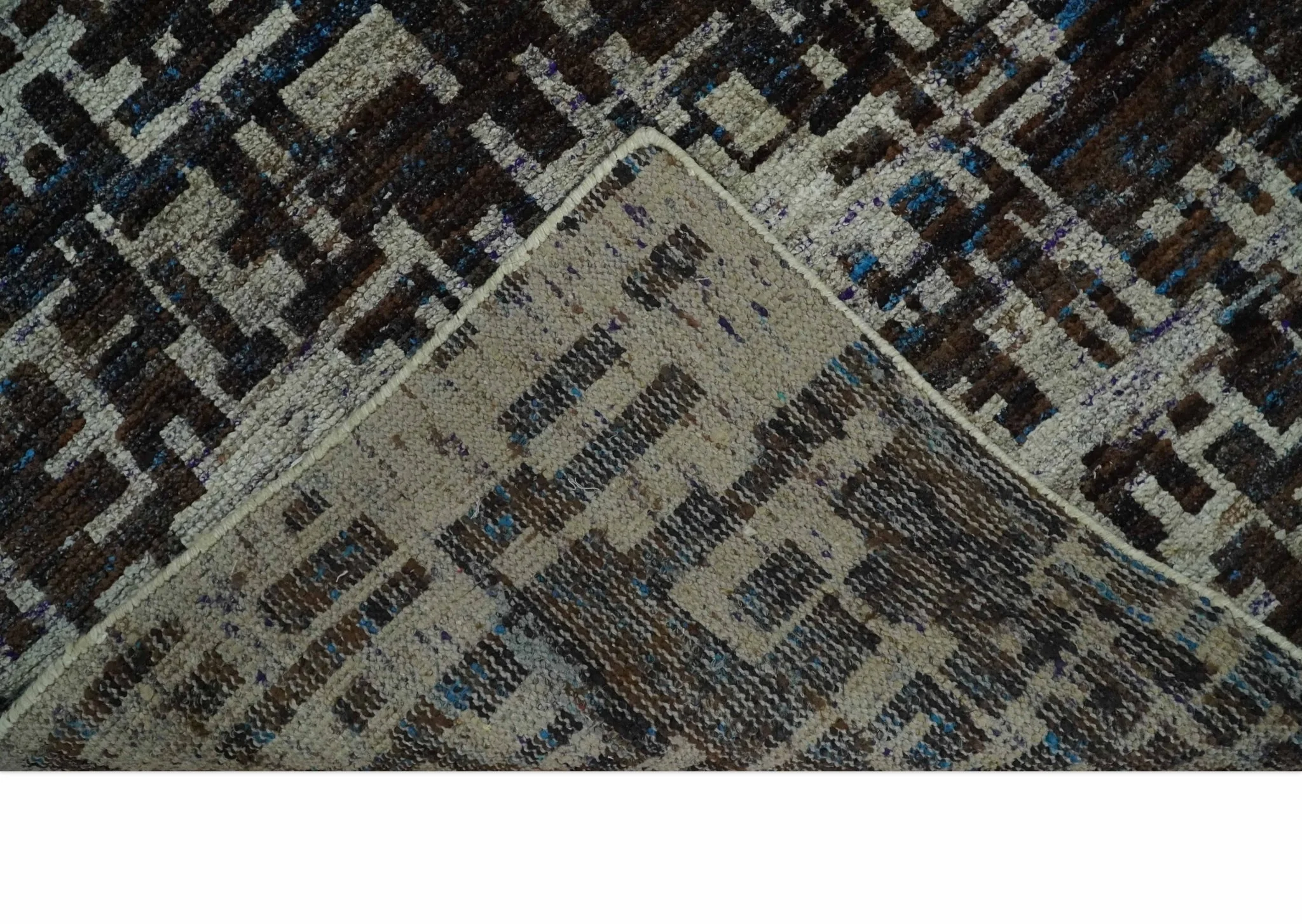 5x8 and 9x12 Hand Knotted Silver, Charcoal and Brown Modern Abstract Contemporary Recycled Silk Area Rug | OP29 - Image 6