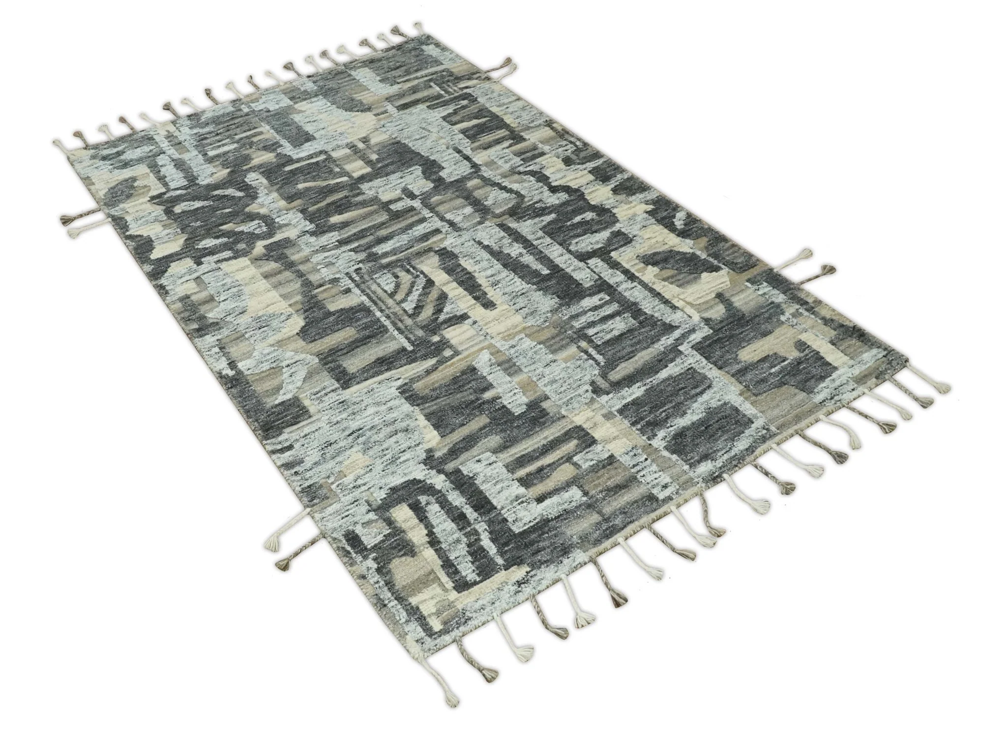 Silver, Charcoal, Beige and Tan Modern abstract Carved Texture 5x8 Hand Knotted Wool Area Rug - Image 10