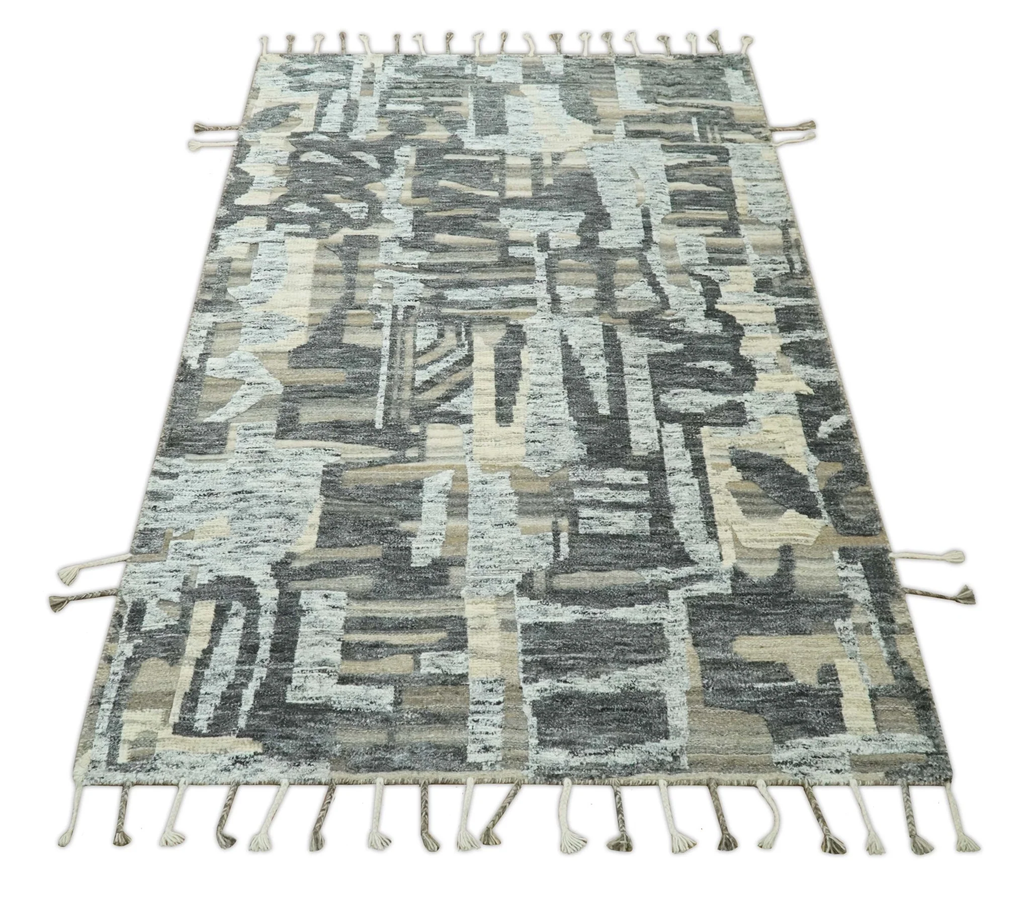 Silver, Charcoal, Beige and Tan Modern abstract Carved Texture 5x8 Hand Knotted Wool Area Rug - Image 11