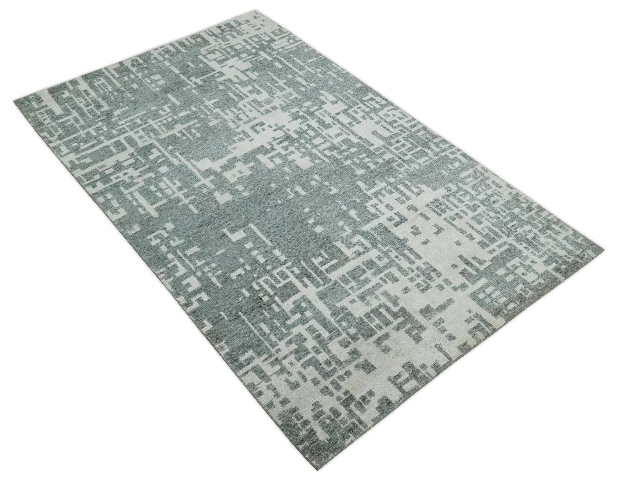 5x8 Hand Knotted Silver, Charcoal and Ivory Modern Abstract Contemporary Recycled Silk Area Rug - Image 9