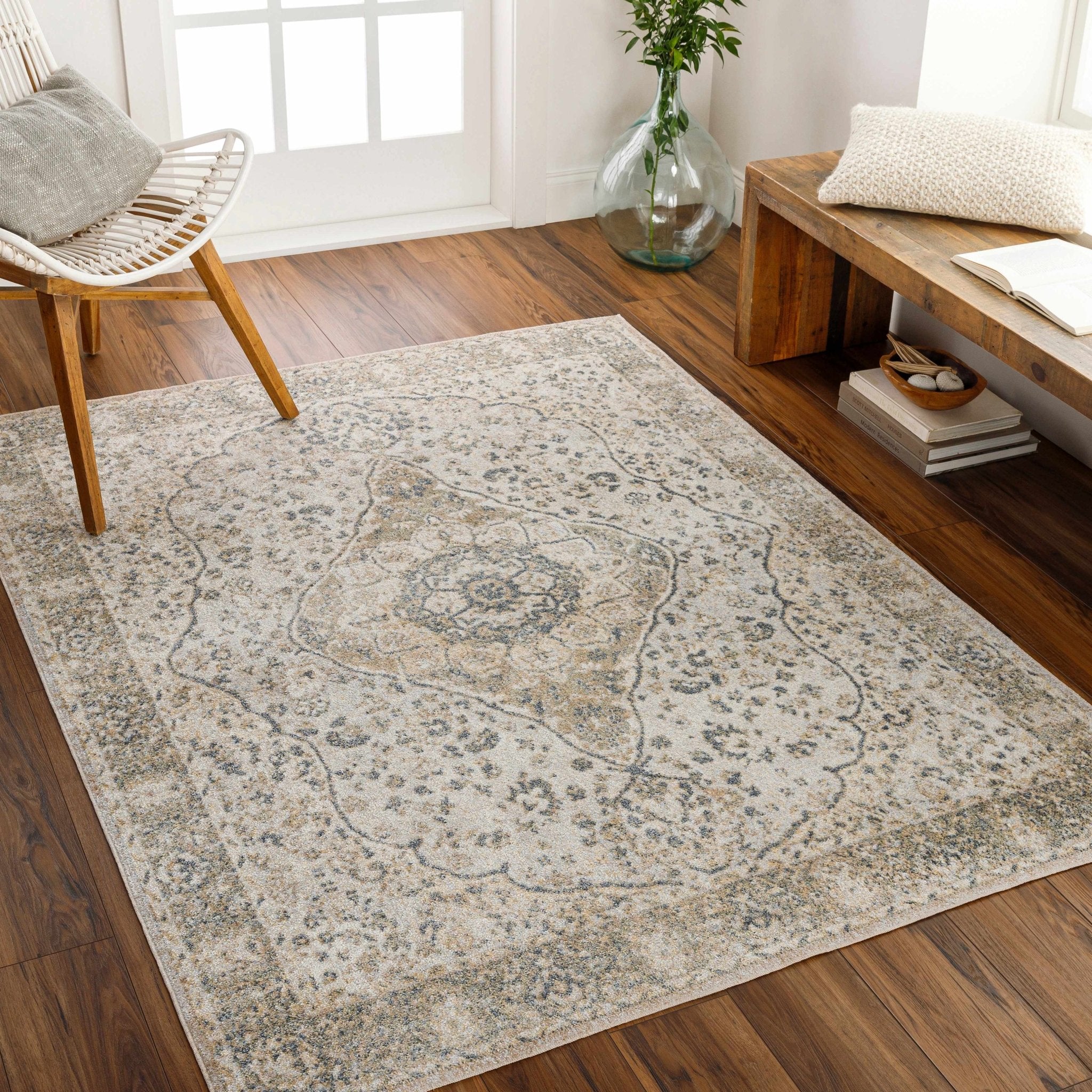 Traditional Heriz Medallion Design Silver, Gold and Charcoal Washable Area Rug - Image 5
