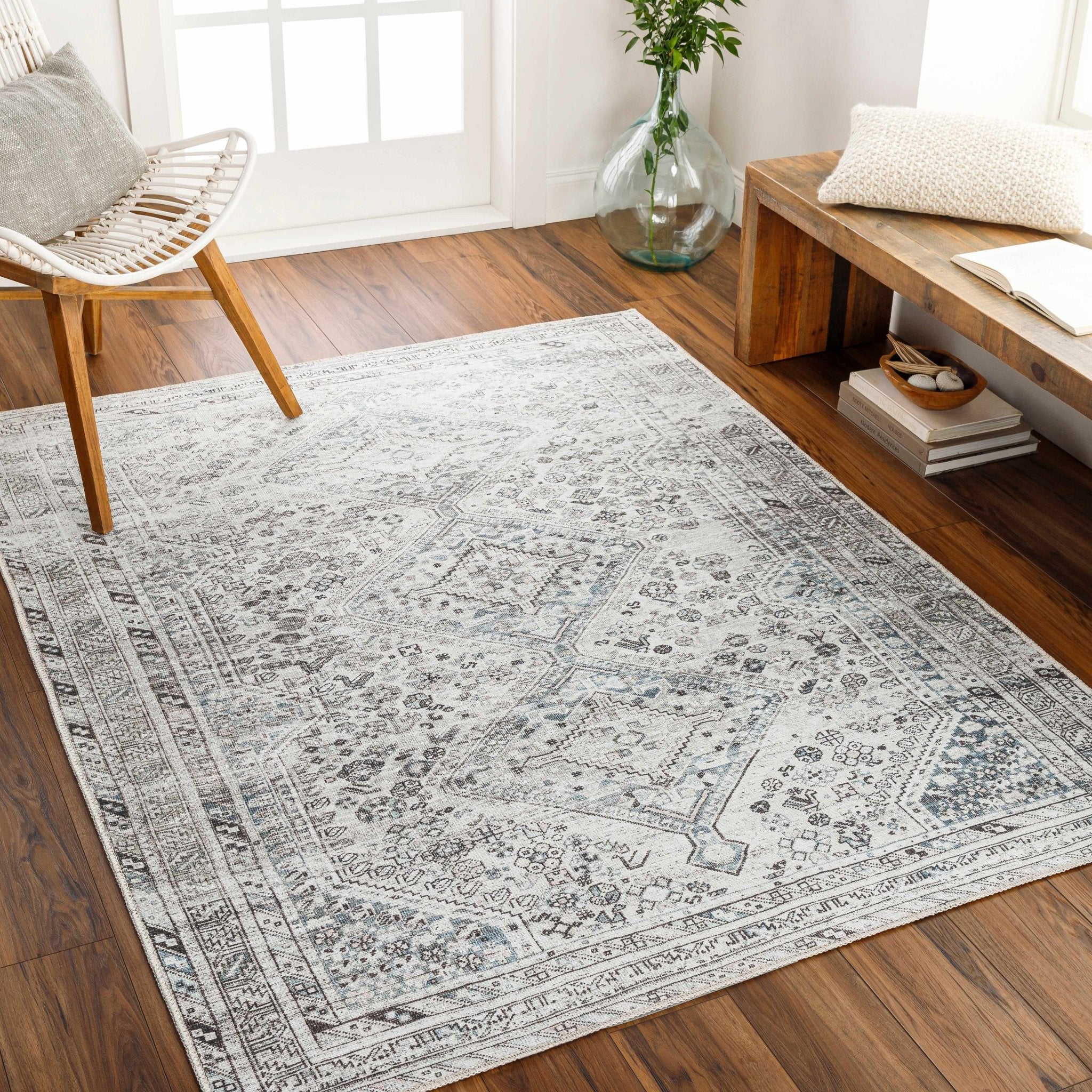 Silver, Gray and Charcoal Machine Woven Traditional Washable Turkish Rug - Image 2