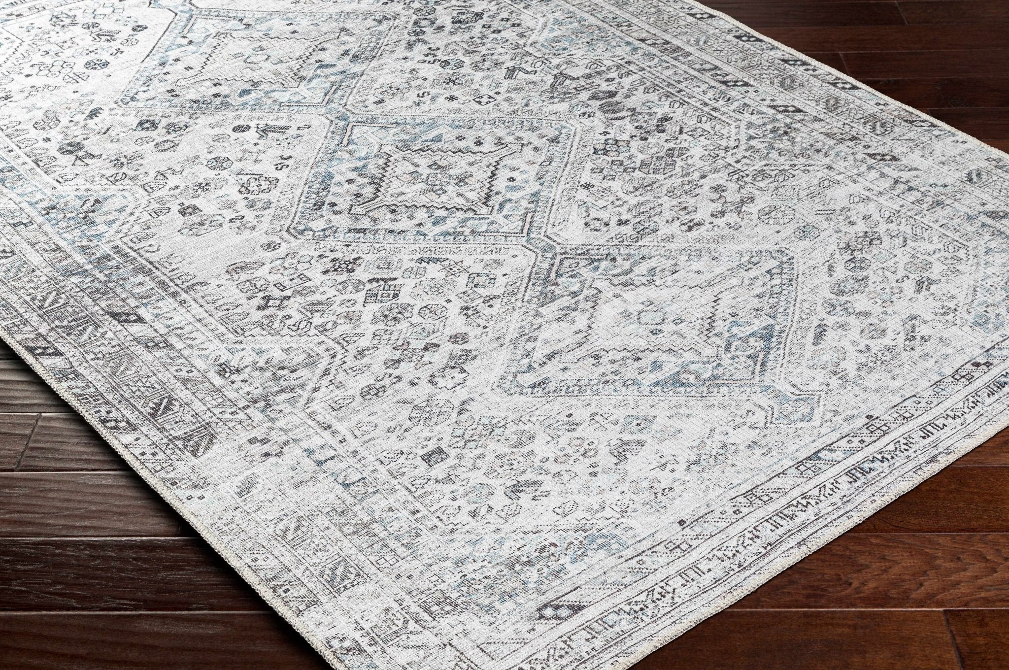 Silver, Gray and Charcoal Machine Woven Traditional Washable Turkish Rug - Image 7