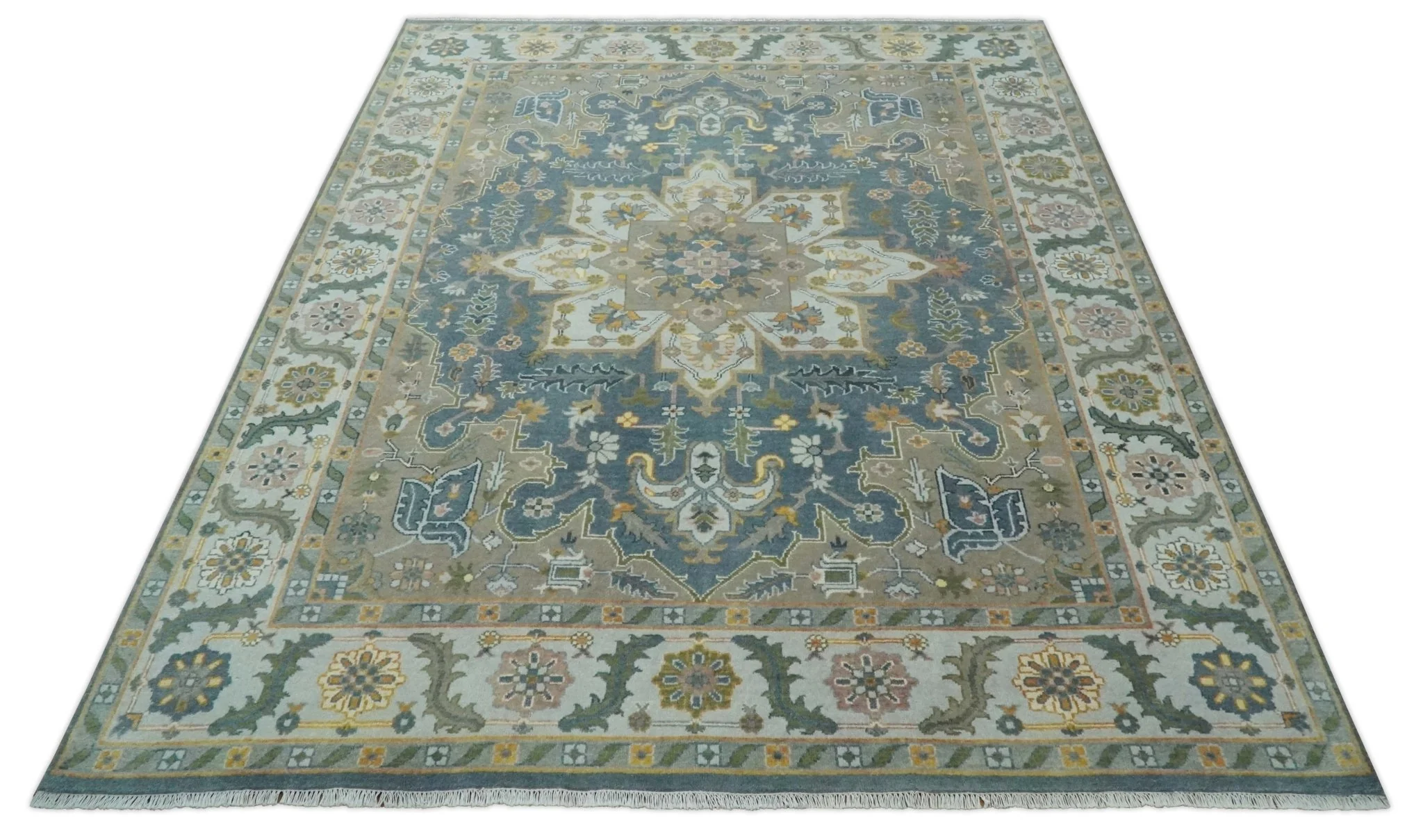 Silver, Teal and Taupe Hand knotted Traditional Heriz Serapi 9x12 Wool Area Rug - Image 10