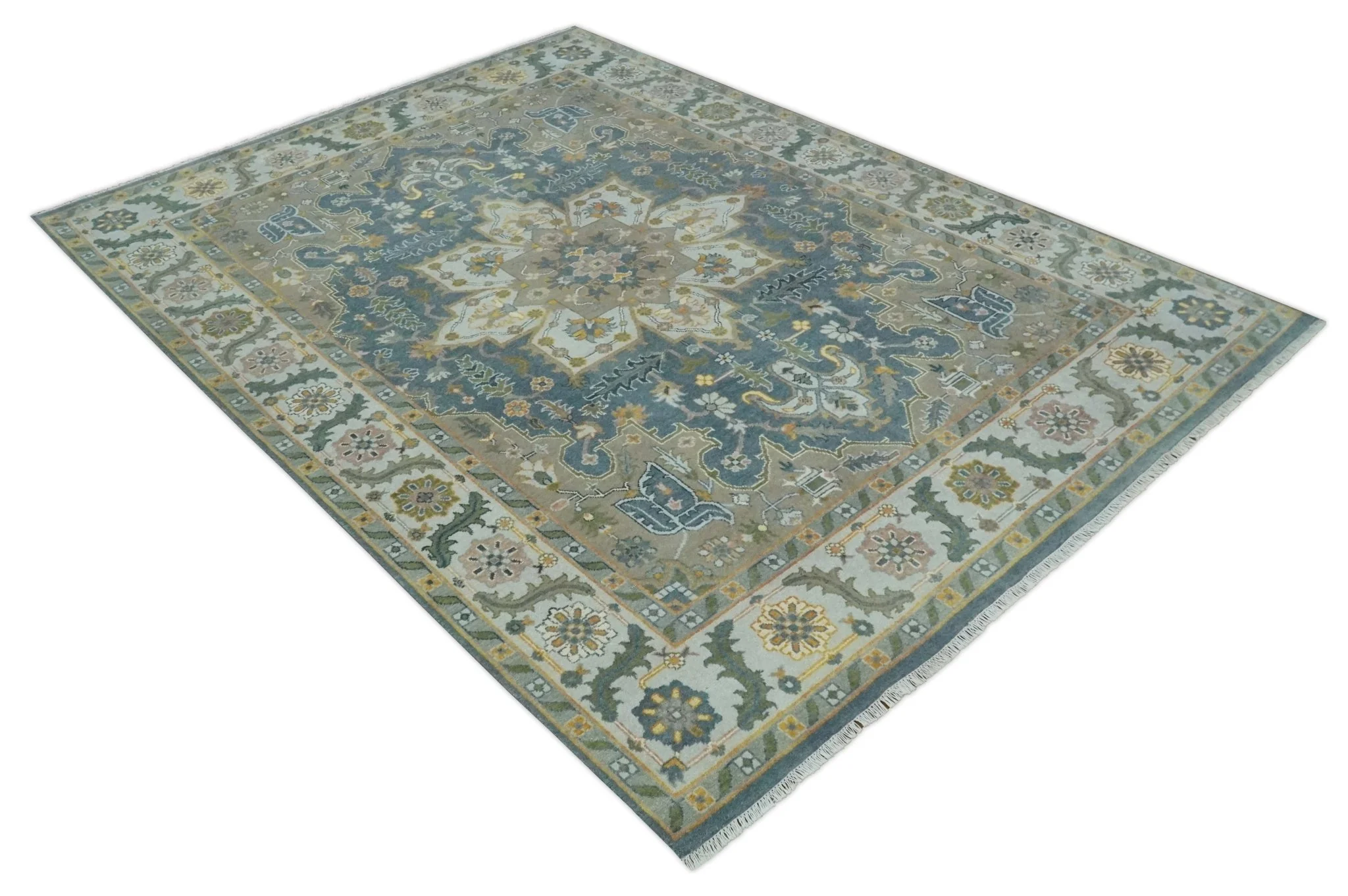 Silver, Teal and Taupe Hand knotted Traditional Heriz Serapi 9x12 Wool Area Rug - Image 11