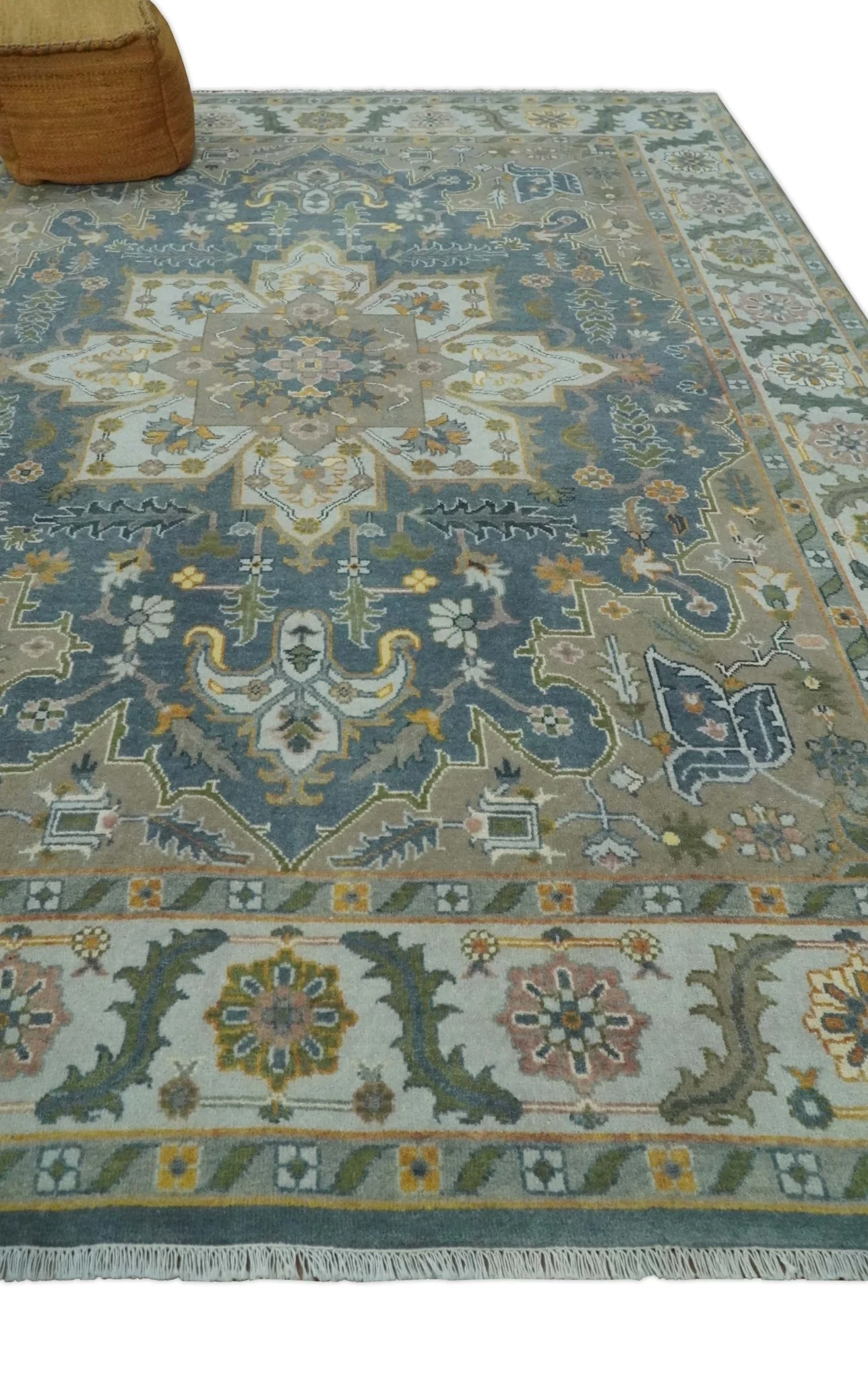 Silver, Teal and Taupe Hand knotted Traditional Heriz Serapi 9x12 Wool Area Rug - Image 3