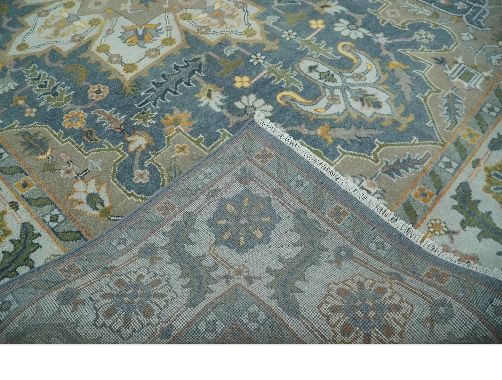 Silver, Teal and Taupe Hand knotted Traditional Heriz Serapi 9x12 Wool Area Rug - Image 7