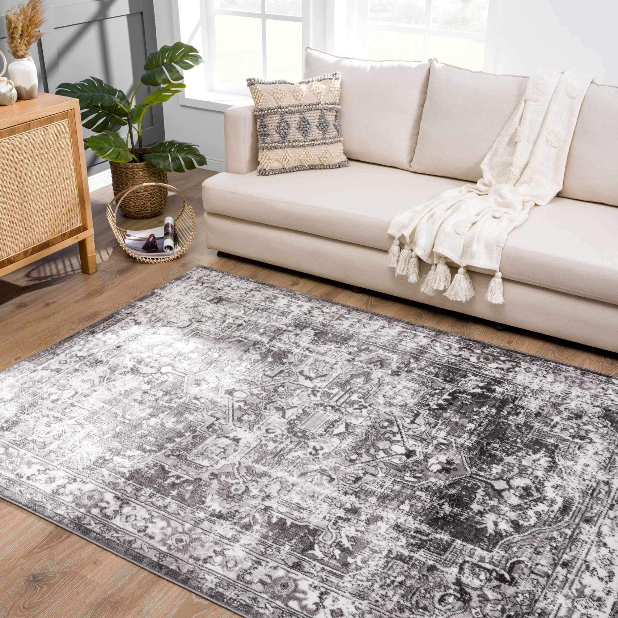 Silver, Gray and Charcoal Traditional Medallion Design Jute Backing Area Rug - Image 15