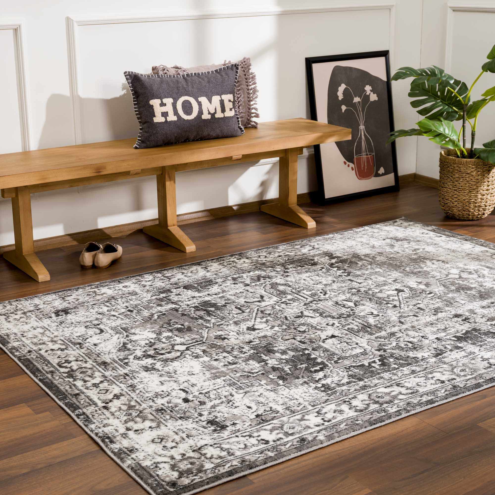 Silver, Gray and Charcoal Traditional Medallion Design Jute Backing Area Rug - Image 2
