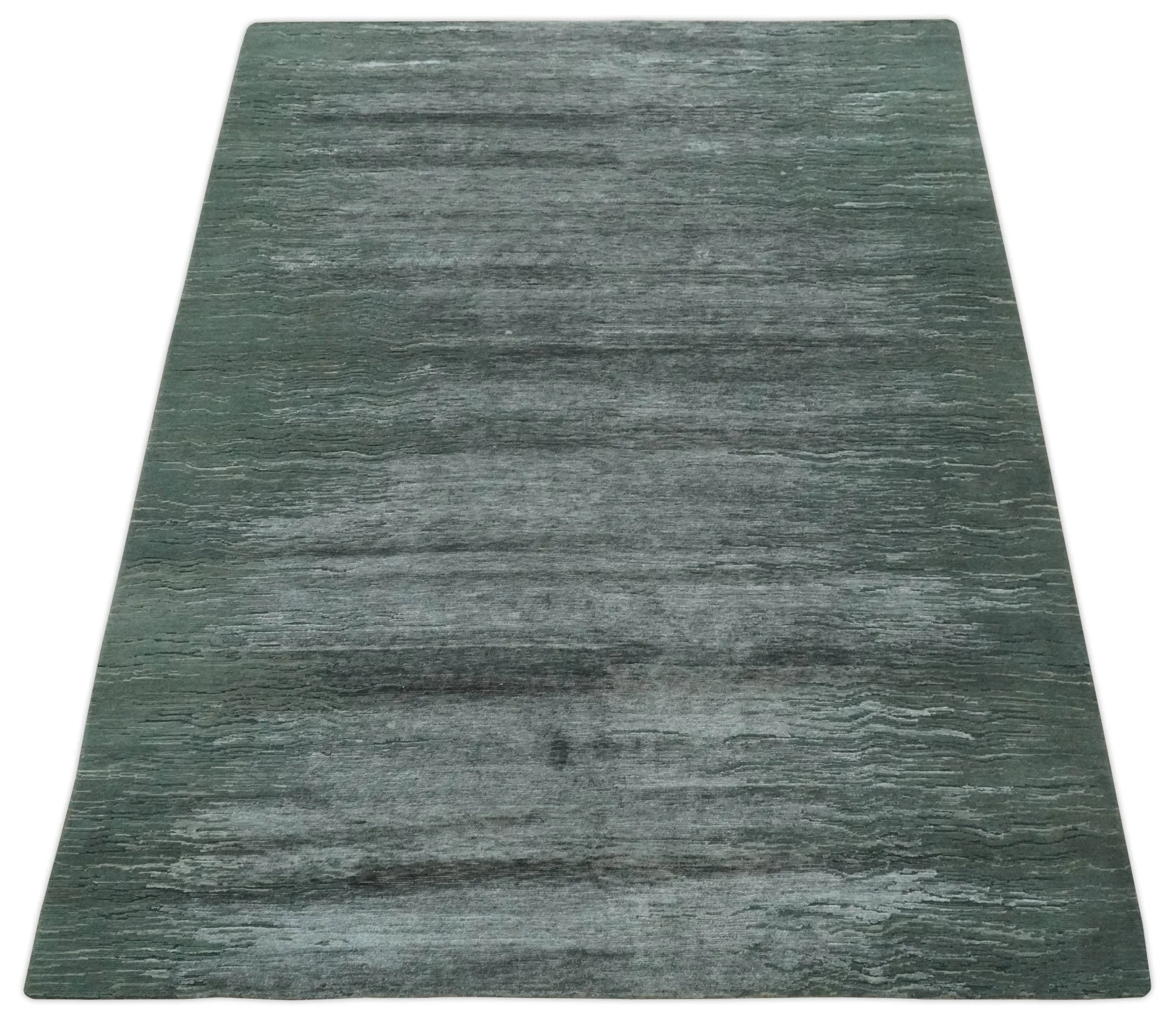Modern Abstract Silver, Green and Charcoal Hand loom 6x9 wool and Bamboo Silk Area Rug - Image 11