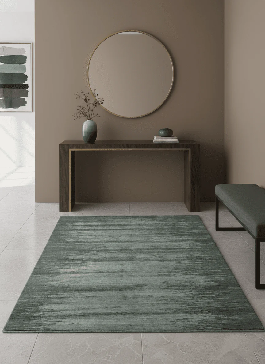 Modern Abstract Silver, Green and Charcoal Hand loom 6x9 wool and Bamboo Silk Area Rug - Image 2