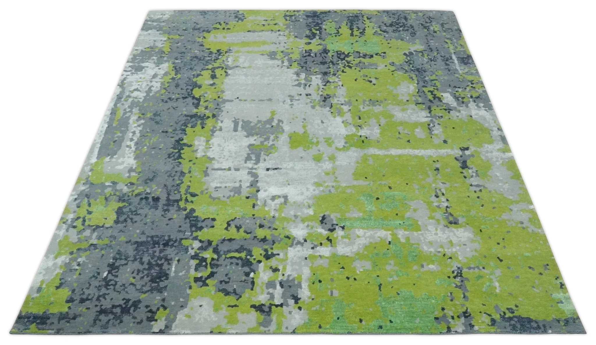 Modern Abstract Silver, Green and Gray Hand Knotted 8x10 Wool and Bamboo Silk Area Rug - Image 10