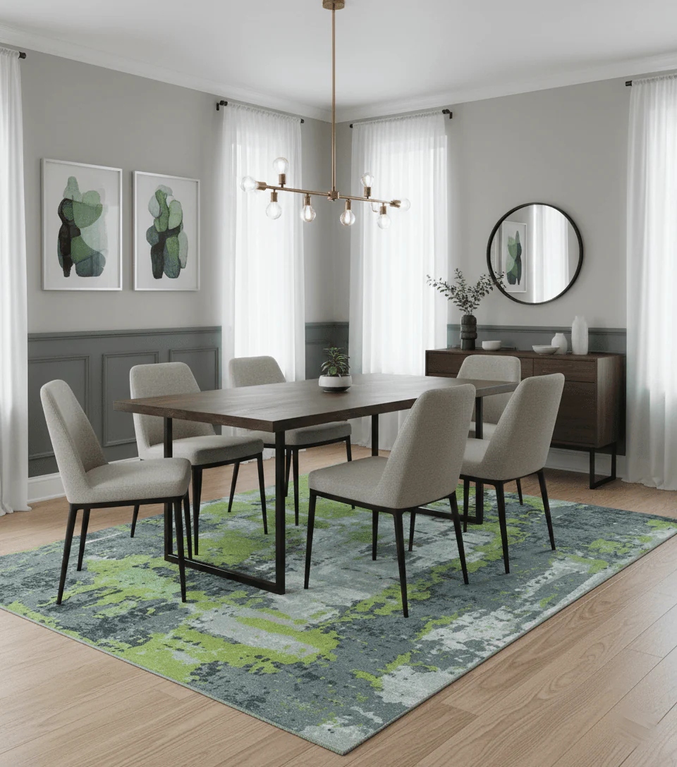 Modern Abstract Silver, Green and Gray Hand Knotted 8x10 Wool and Bamboo Silk Area Rug - Image 2