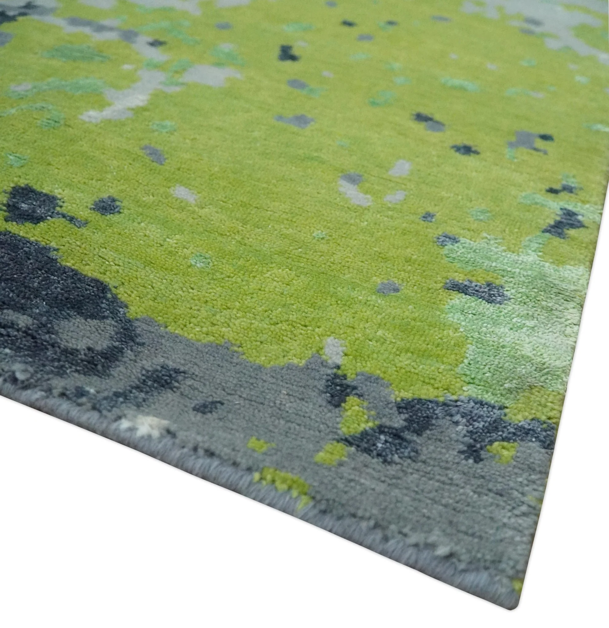 Modern Abstract Silver, Green and Gray Hand Knotted 8x10 Wool and Bamboo Silk Area Rug - Image 6