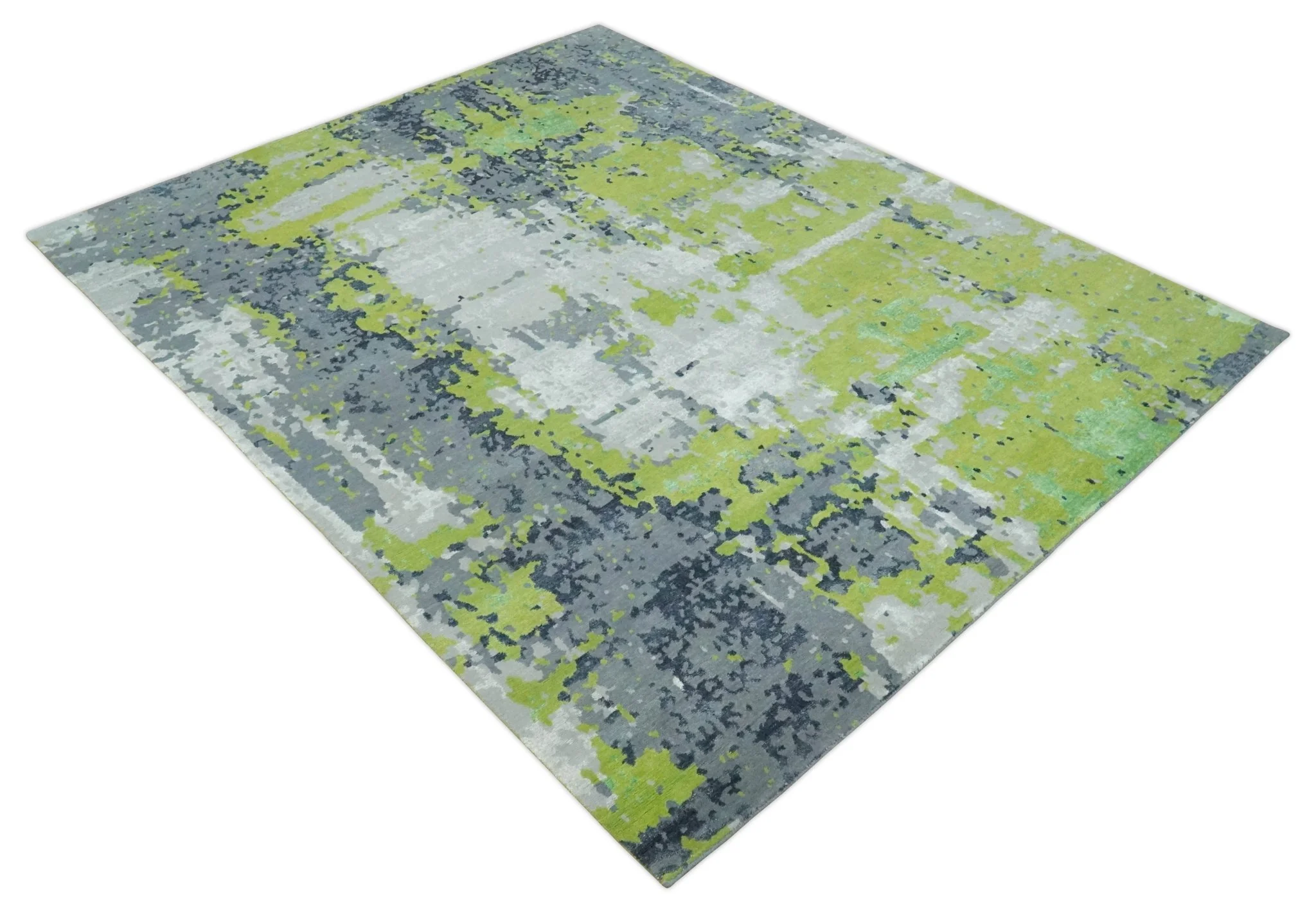 Modern Abstract Silver, Green and Gray Hand Knotted 8x10 Wool and Bamboo Silk Area Rug - Image 9