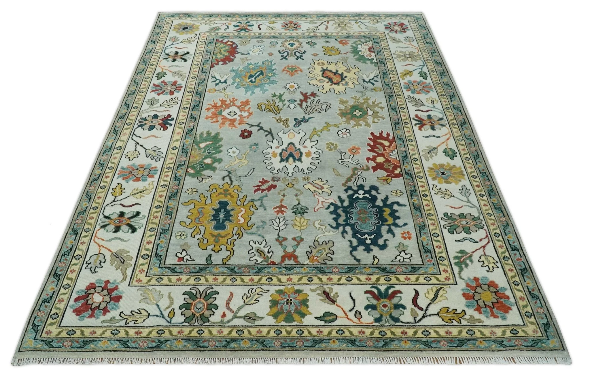 Silver, Ivory and Beige vibrant Colorful Hand knotted 8x10 and 9x12 Traditional Oushak wool Rug - Image 10