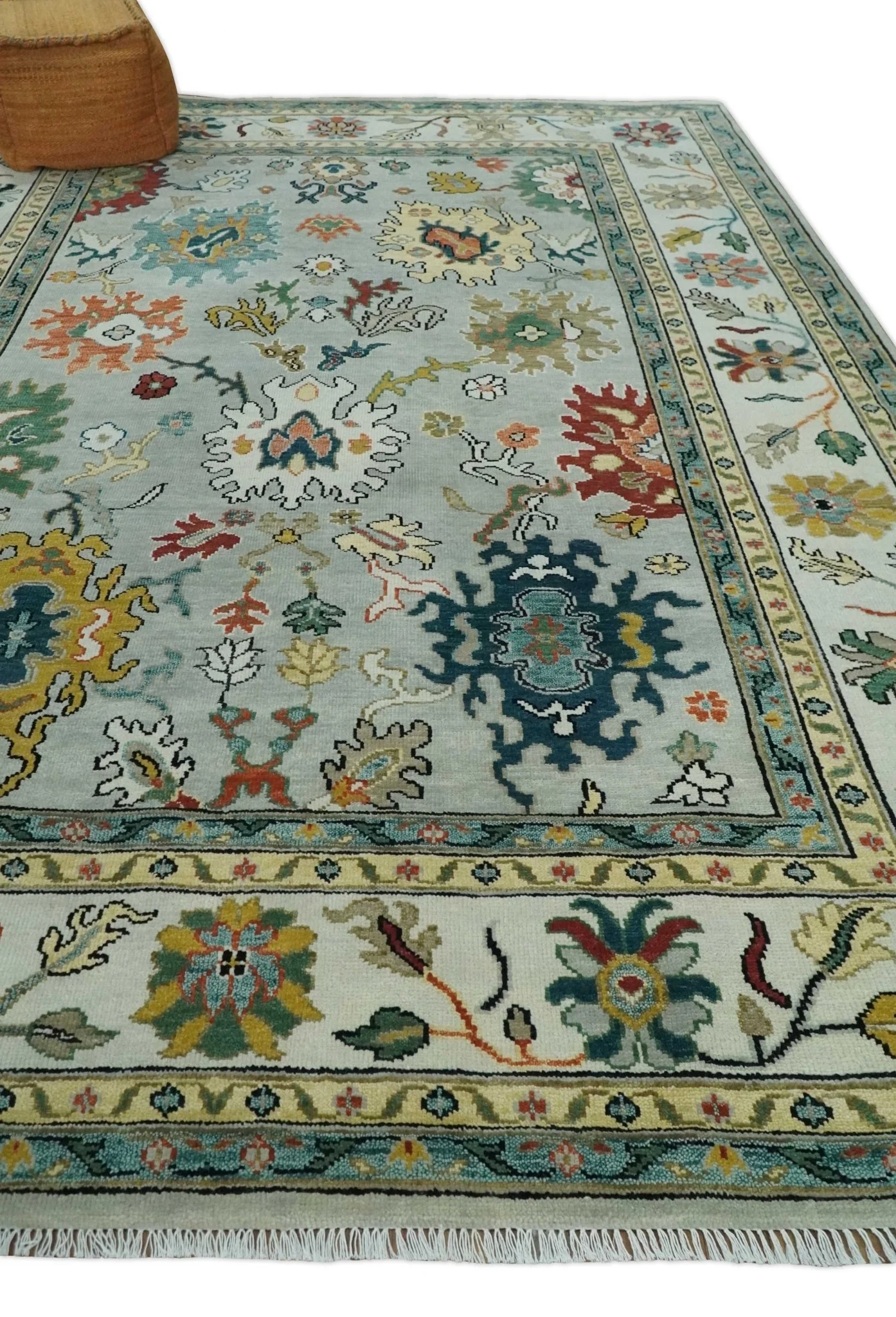 Silver, Ivory and Beige vibrant Colorful Hand knotted 8x10 and 9x12 Traditional Oushak wool Rug - Image 3