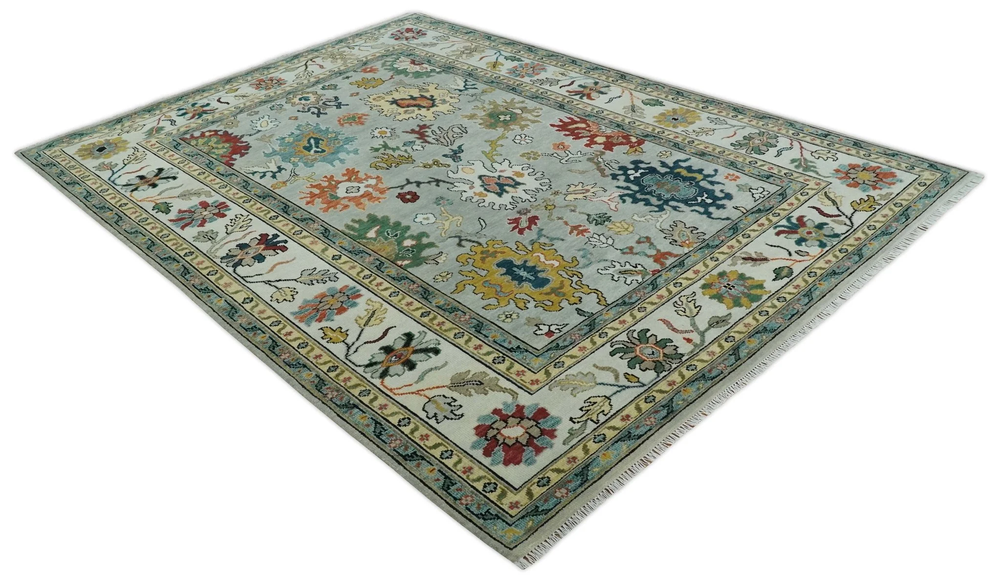 Silver, Ivory and Beige vibrant Colorful Hand knotted 8x10 and 9x12 Traditional Oushak wool Rug - Image 9