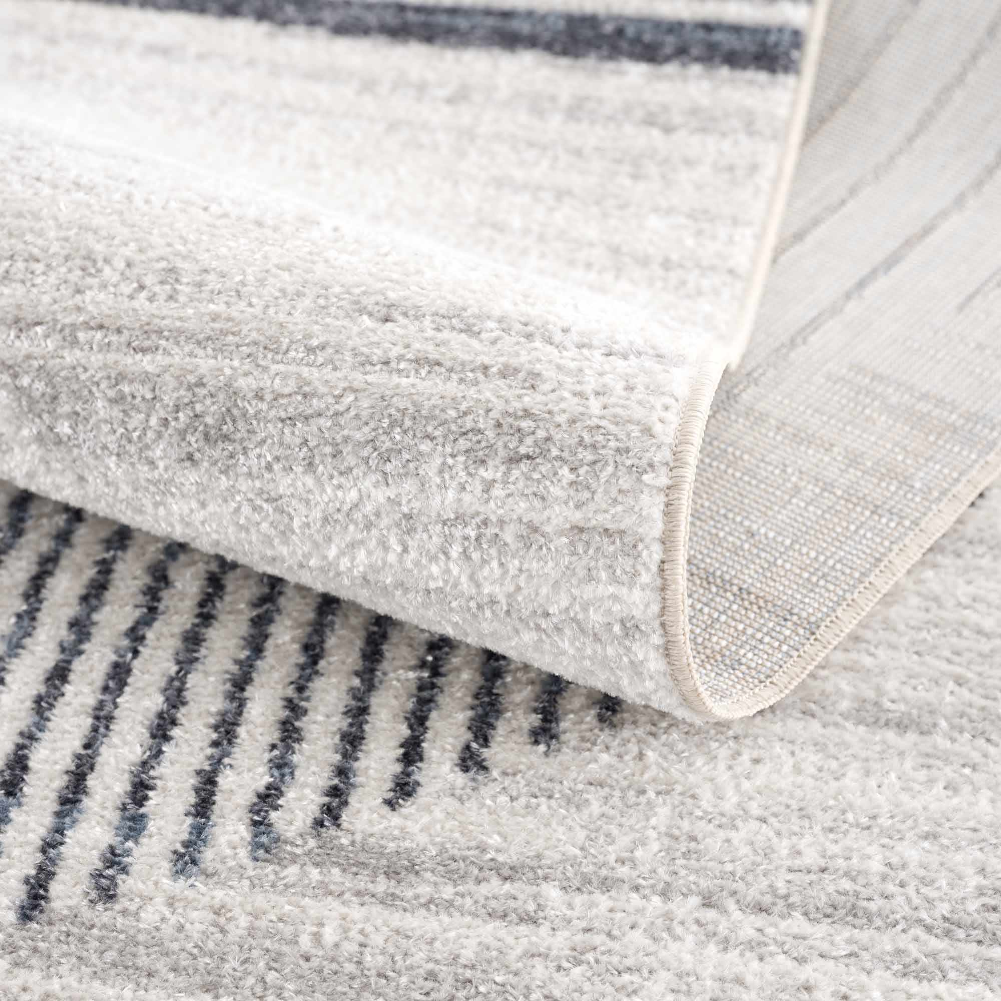 Silver, Ivory and Charcoal Geometrical Stripes Pattern washable Design Rug - Image 10